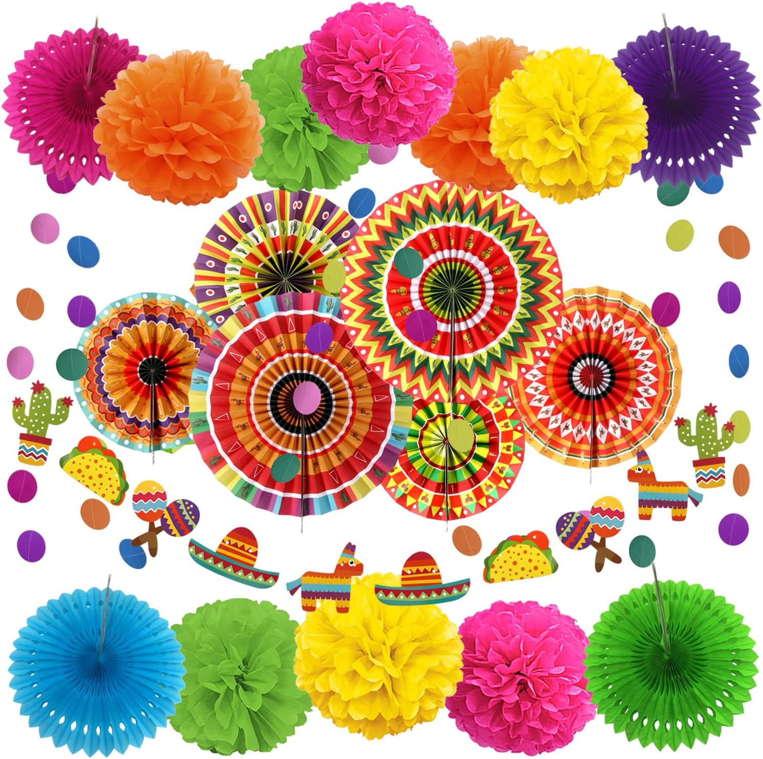 – ZERODECO Mexican Party Decorations, 21 Pcs Multi-color Mexican Paper Fans, Pom Poms Flowers for Mexican Fiesta Cinco De Mayo Taco Themed Birthday Party Supplies