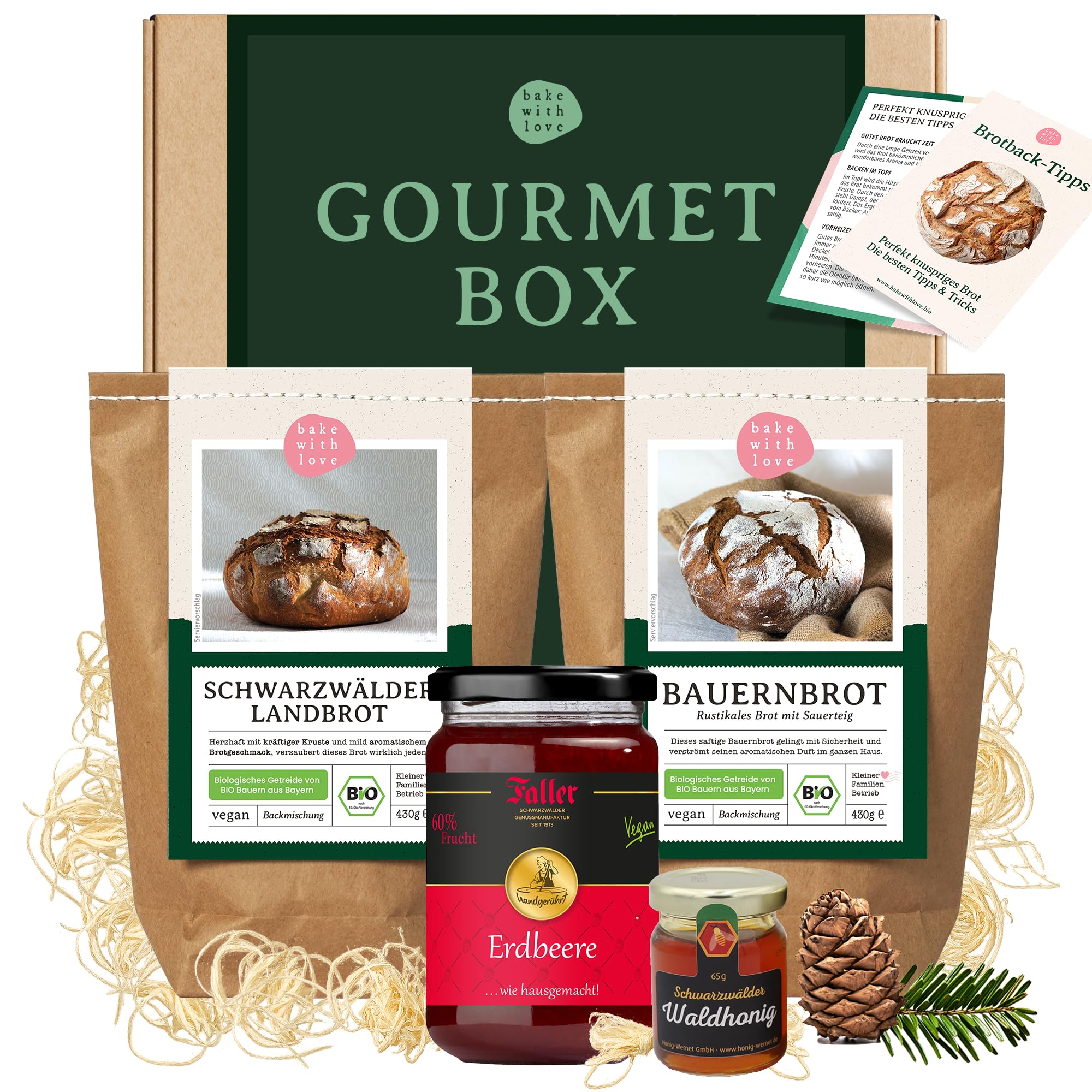 Bake with Love Coffret cadeau de Noël Gourmet | Panier cadeau de Noël pour gourmets | Panier cadeau rempli de 2 mélanges de pain, confiture et miel | Coffret cadeau de nourriture fine