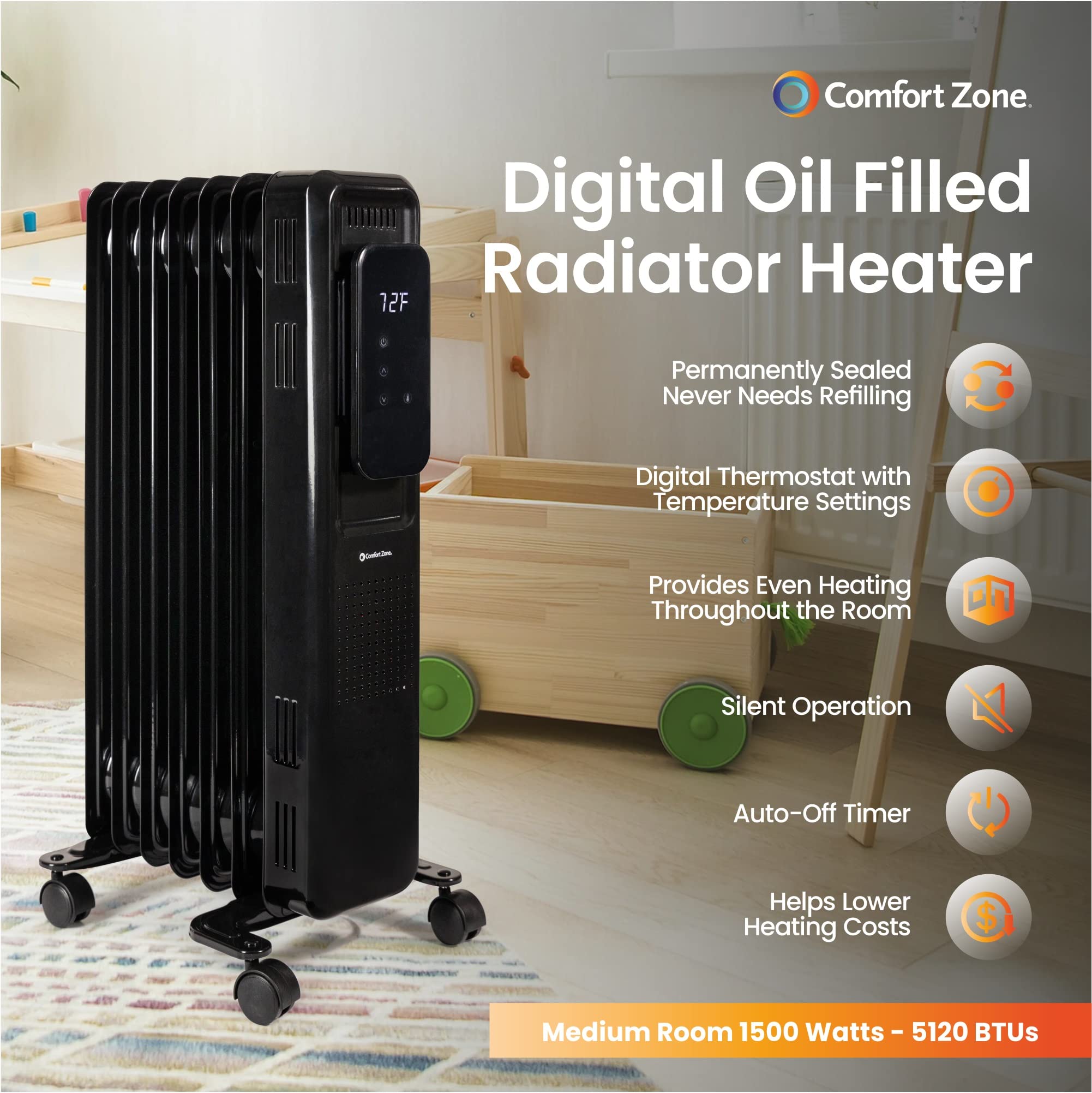 Amazon.com: Comfort Zone CZ9010 1,500-Watt Oil-Filled Radiator Heater with  Digital Display, Permanently Sealed, Never Refill, Adjustable Thermostat,  Stay-Cool Handle, Tip-Over Switch u0026 Overheat Protection System : Home u0026  Kitchen