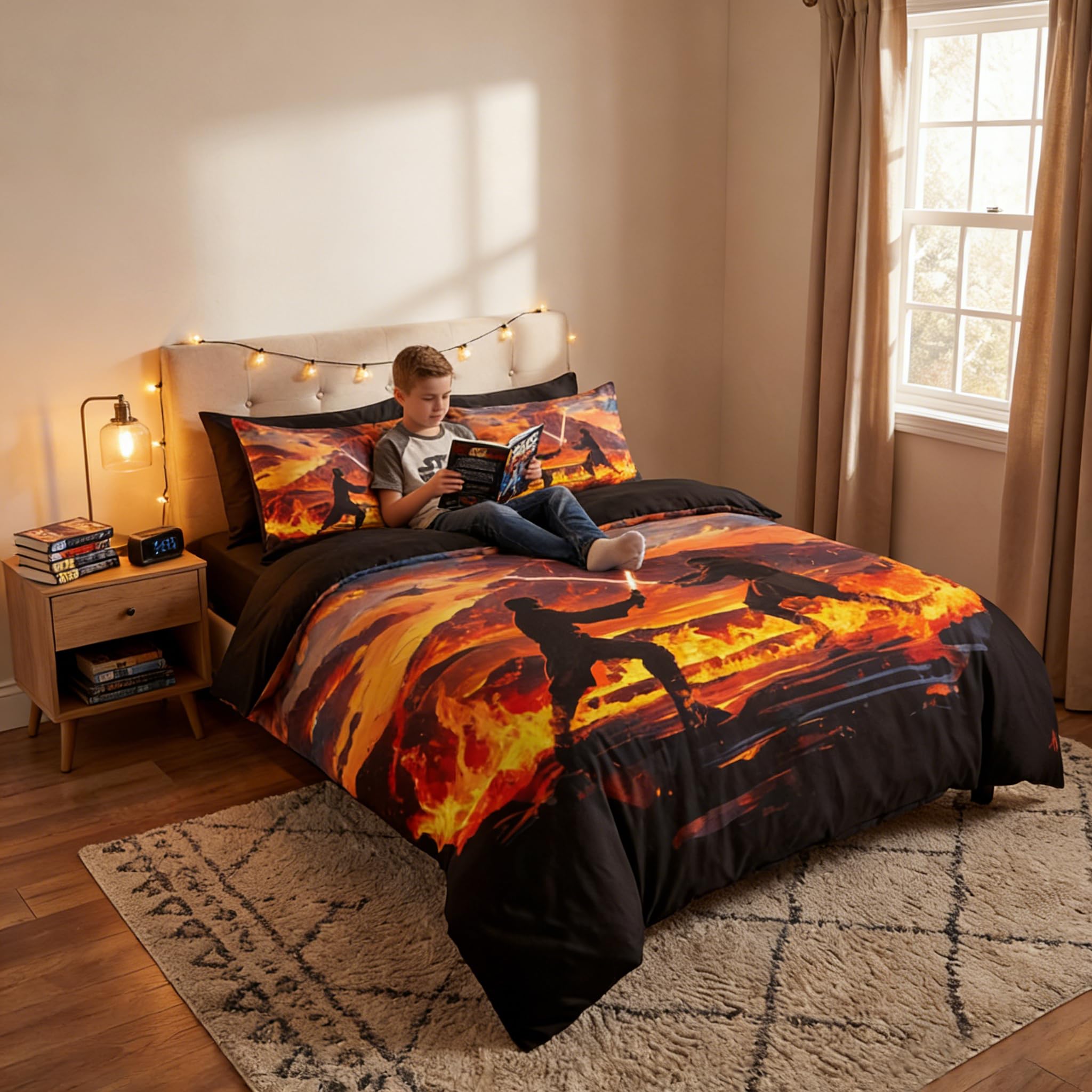 Swordsman Bedding Sets Queen Size,Anime Themed Duvet Cover with Volcano Flame Pattern, 3 Pcs Warm Microfiber Country Bed Set with 2 Pillowcases, 90'' x 90'' Orange Black