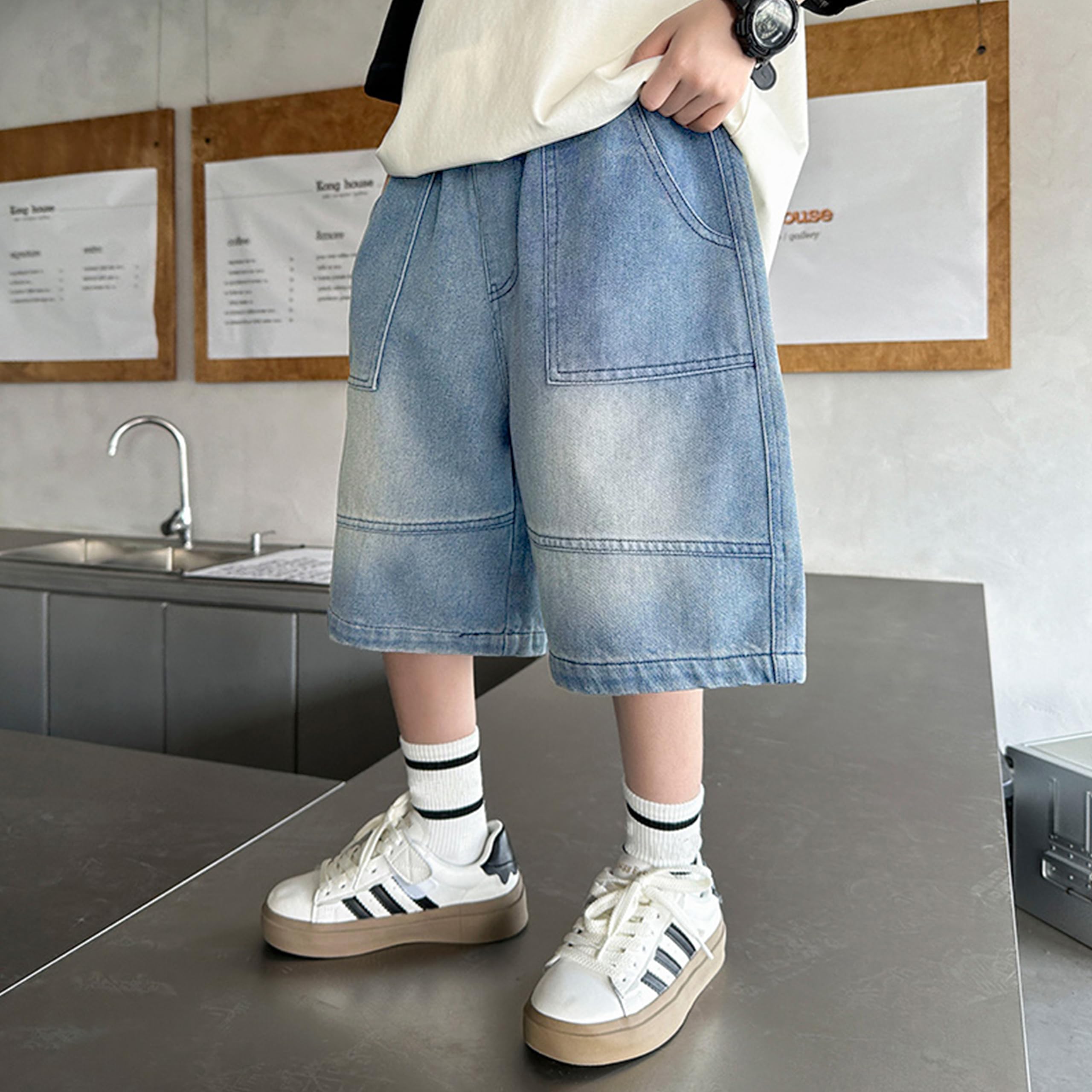 Rolanko Pantalones Cortos Vaqueros Holgados para Niños, Cintura Elástica Pierna Ancha Pantalones Cortos Vaqueros de Verano hasta La Rodilla