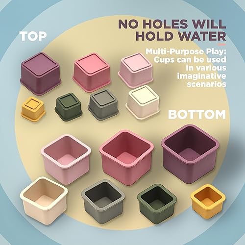Miniatura 3 de QOOB SPIN Juego de 7 tazas apilables para bebé, tazas cuadradas de silicona para anidar, juguetes Montessori para bebés, bloques apilables para
