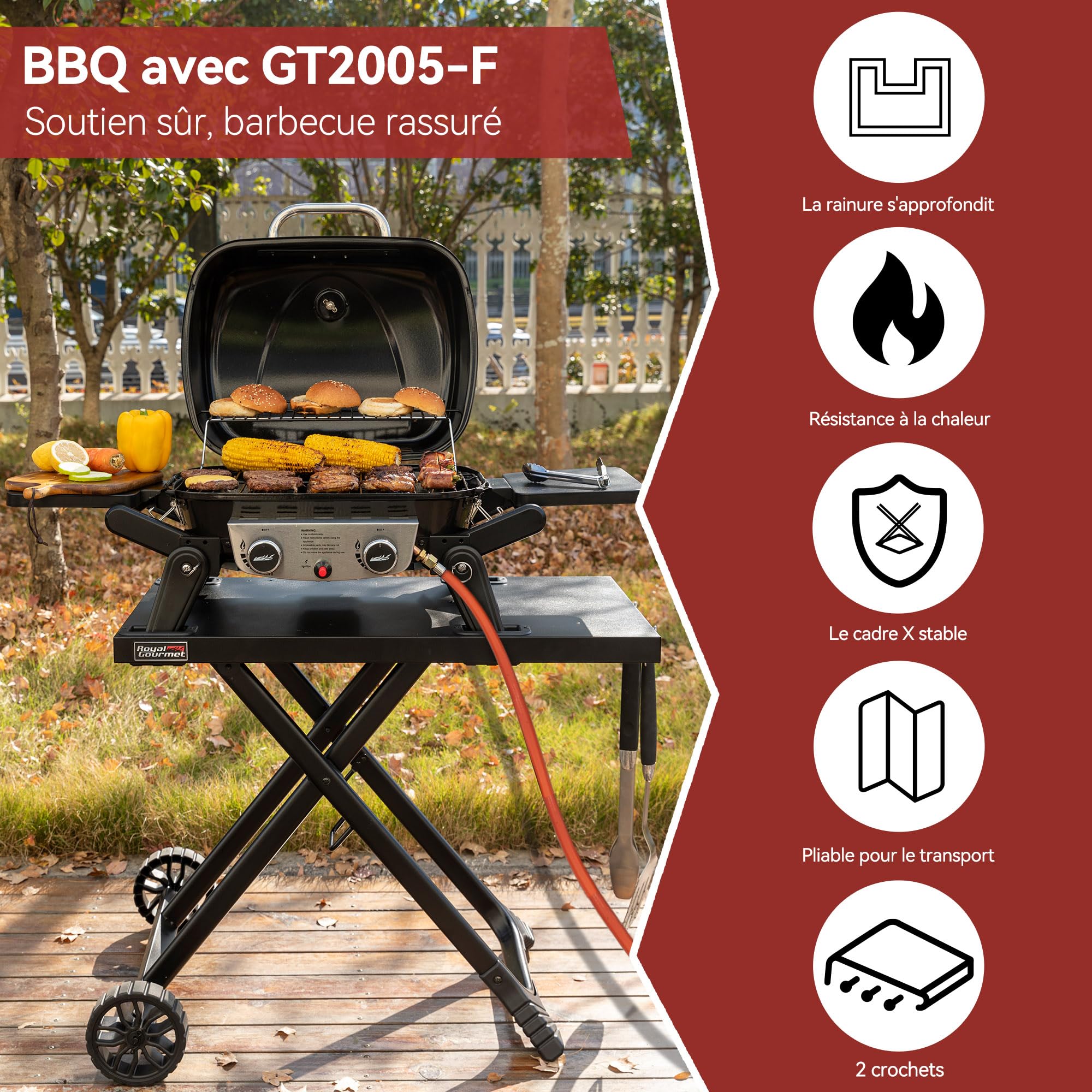 Royal Gourmet GT2201C-E Chariot Pliant pour Barbecue Portable, Desserte pour Plancha Pliable avec 2 Crochets pour Série GT2005-F, Adapté pour Le Camping, Dessus de Table 79 x 46,8 cm