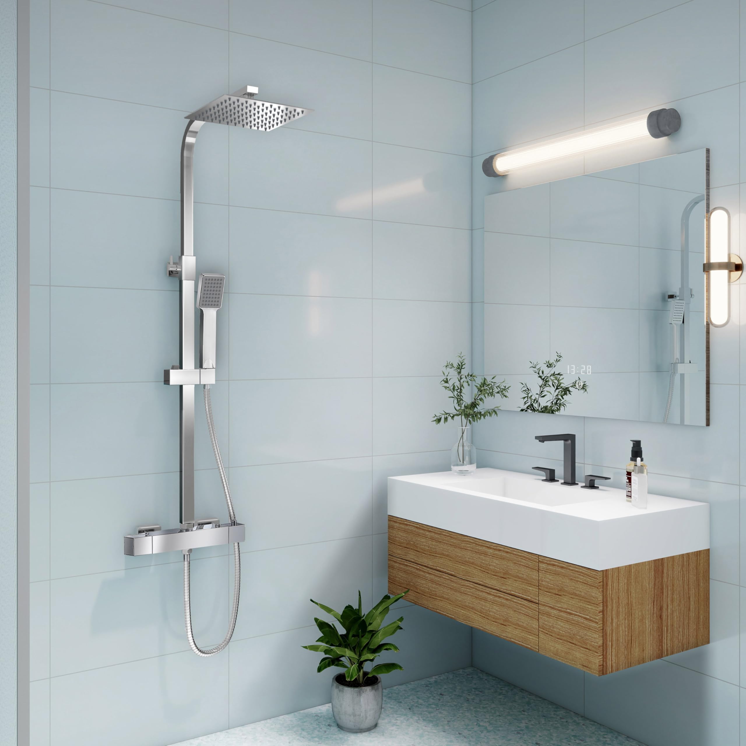 Sline Sanitary Chrome Sline Bathroom Thermostatic Shower Mixer Set And With Adjustable 8 Inch Overhead Rainfall Shower Head Twin Head,Bath Bar Mixer Shower With Rainfall Showerhead,