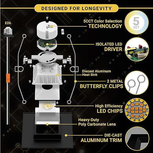 Miniatura 4 de NUWATT Paquete de 4 luces LED cuadradas negras de 6 pulgadas, CCT 2700K3000K3500K4000K5000K seleccionables, 1100 lúmenes, 14 W, regulable,