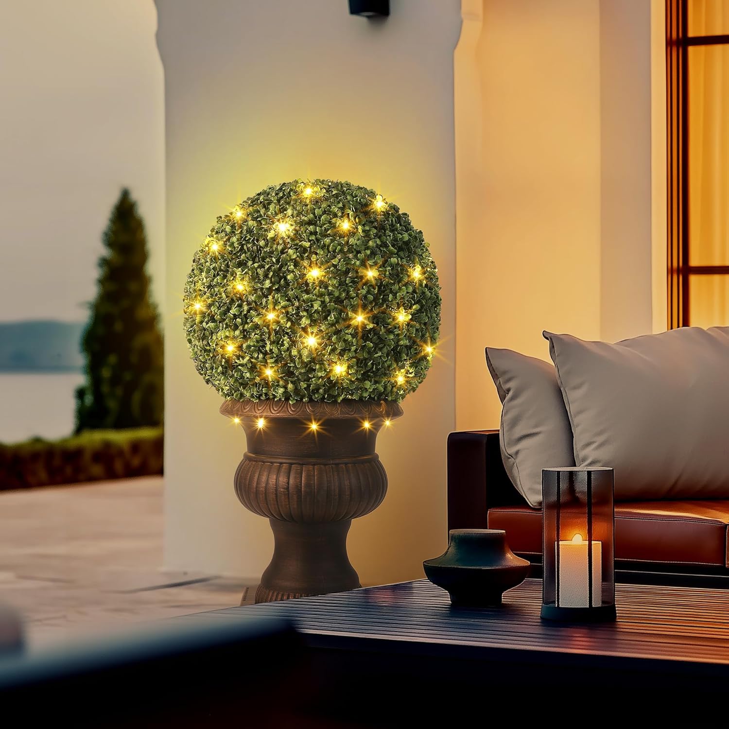 2 PCs 20" Artificial Plant Topiary Ball Tree with 50 Lights, USB, Remote Control 8 Lighting Modes, UV Resistant & No Maintenance for Home Decor Indoor Outdoor as Artificial Plants & Topiaries, Antique