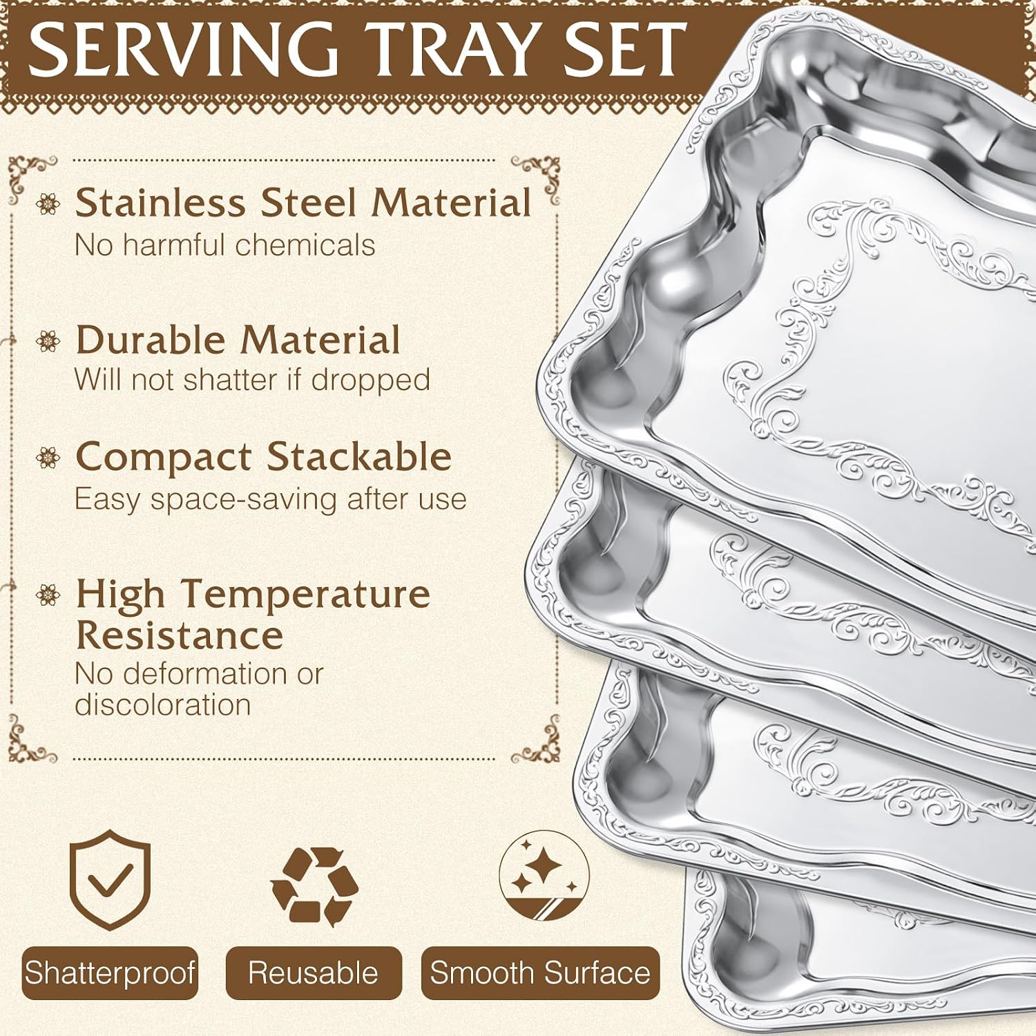 FoldTier 4 Pack Silver Serving Trays Set for Party, Butterfly Floral Silver Platter Engraved Mirror Tray, 15.8 x 11.6 Inches Elegant Metal Plate for Christmas Food Appetizer Cookies Desserts