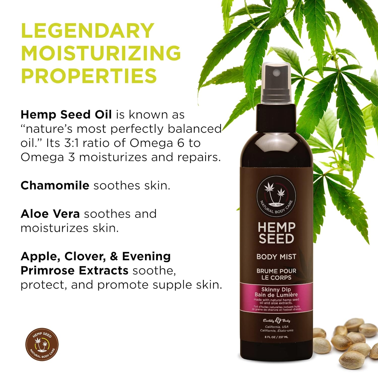 Hemp Seed Body Mist - Moisturizes, Invigorates & Protects Skin - With Hemp Seed Oil, Chamomile & Aloe Vera - Vegan, Cruelty Free - Image 3