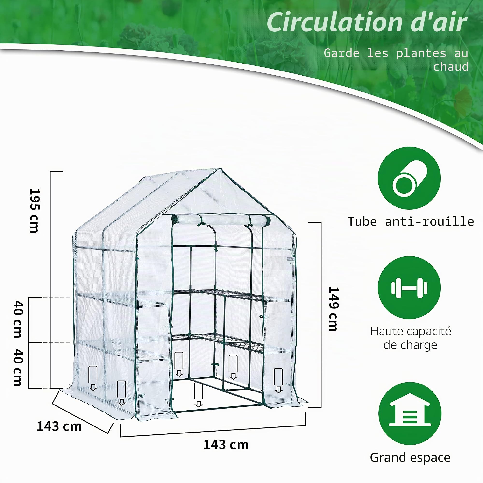 EPROSMIN Serre à l'italienne avec 10 étagères, housse en plastique PE renforcé avec cadre en acier robuste, serre/pépinière pour jardin, terrasse ou espace, facile à assembler, 143 x 143 x 195 cm