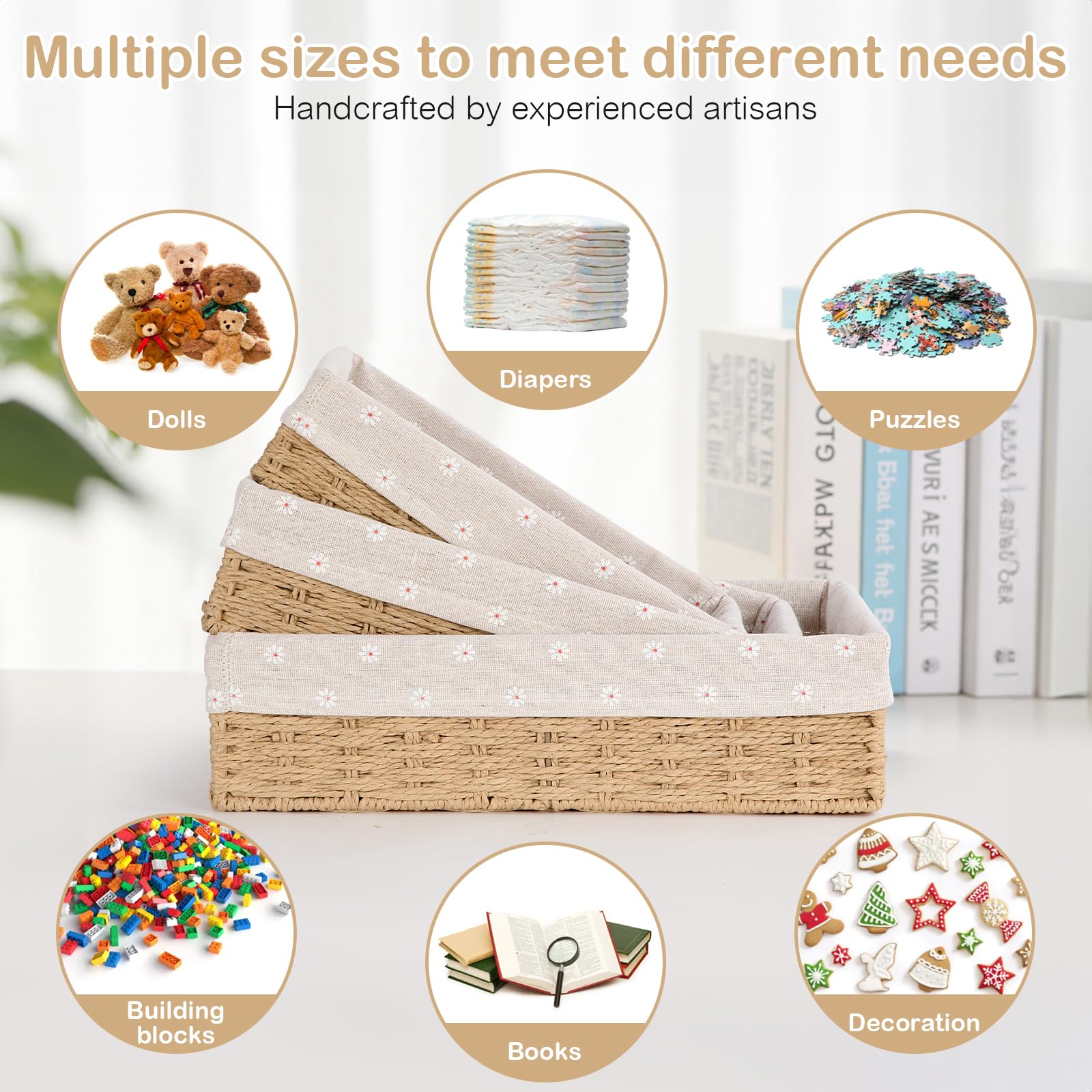 FoiiLiio Lot de 3 Panier Rangement, Paniers de Rangement Tressés, Paniers et boîtes de Rangement, Corbeille Rangement pour Salle de Bain, Cuisine, Organisateur Table a Langer Bebe (Beige)