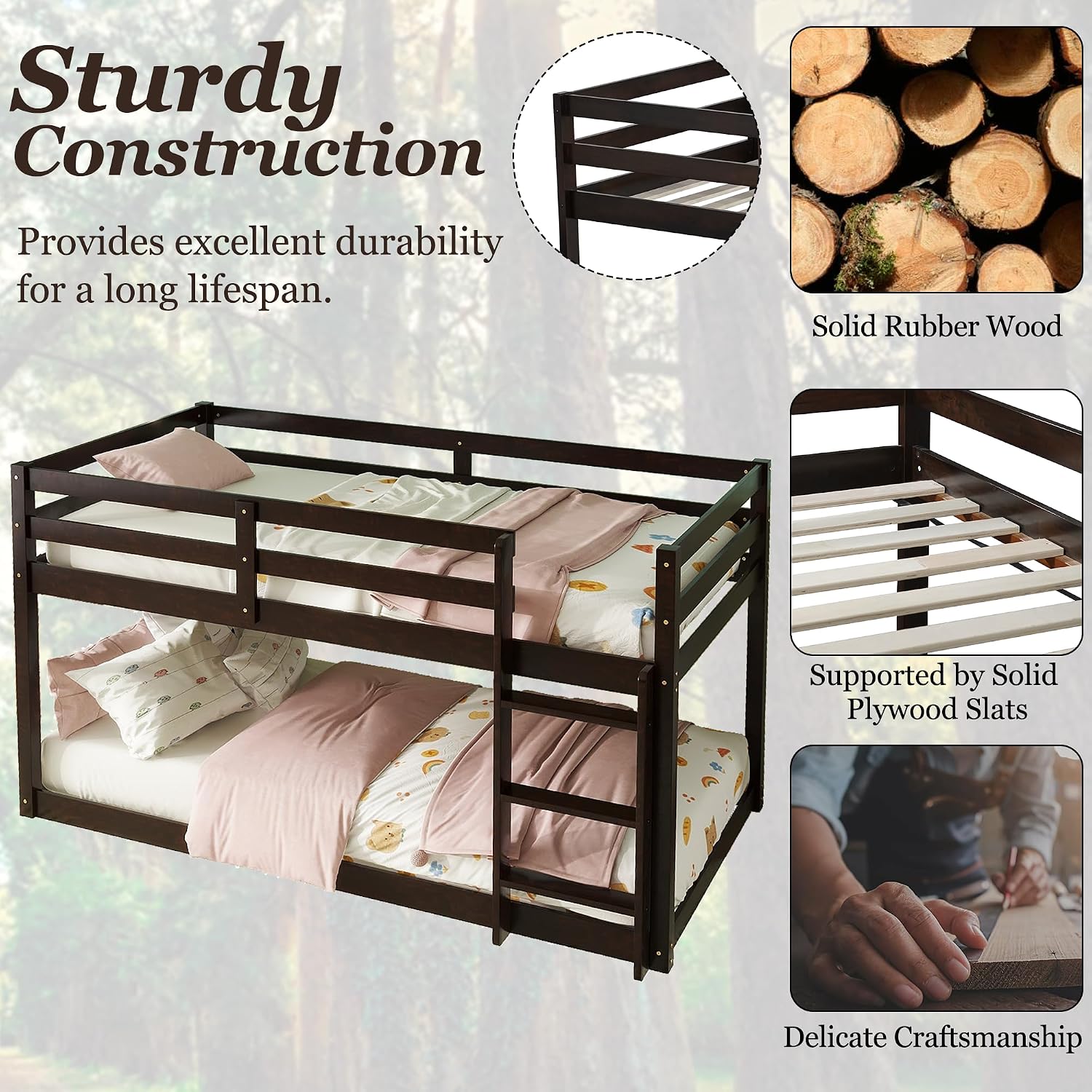 Low Bunk Beds Twin Over Twin for Kids,Solid Rubber Wooden Floor Bunk Bed Frame Junior Loft Bed for Boys Girls Teens, Espresso