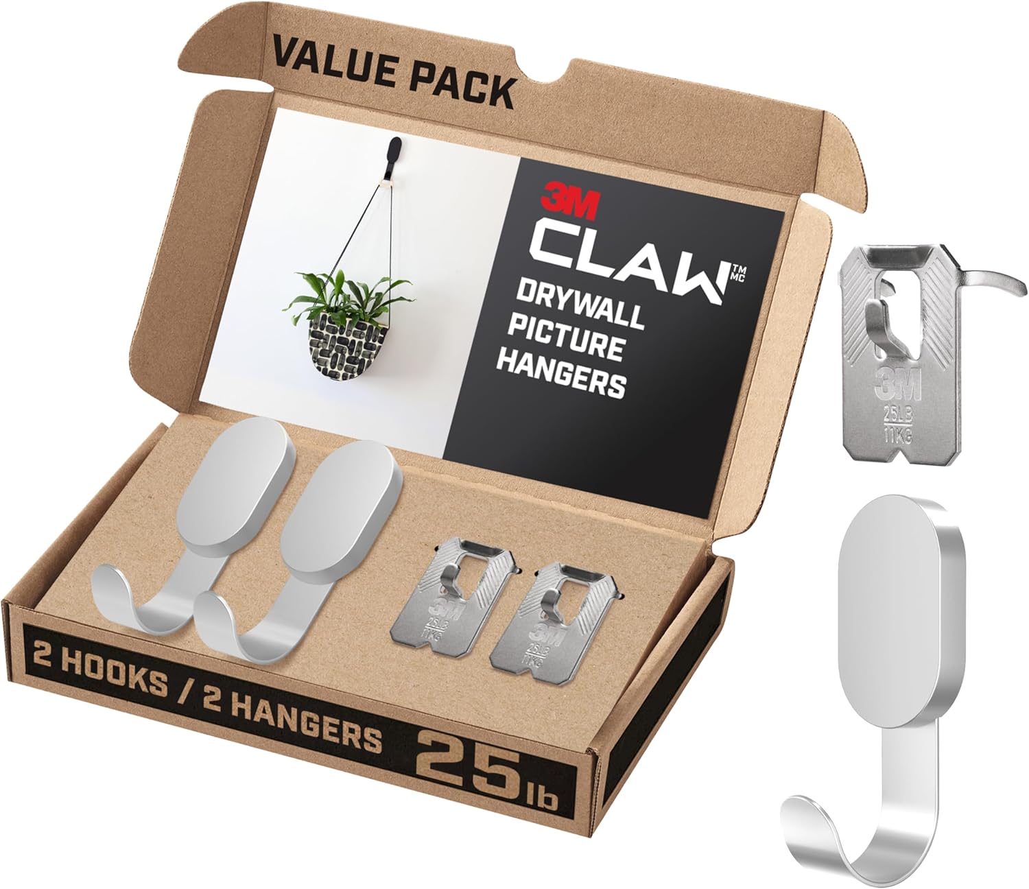 3M CLAW 25 lb. 2 Drywall Silver Hooks & 2 Extra Picture Hangers, Heavyweight Hanging Solution for Backpacks, Jackets, Pictures and Room Decor, Cute Wall Hooks - 4 Pack