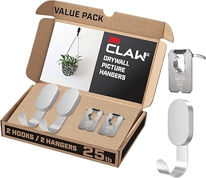 3M CLAW 25 lb. 2 Drywall Silver Hooks & 2 Extra Picture Hangers, Heavyweight Hanging Solution for Backpacks, Jackets, Pictures and Room Decor, Cute Wall Hooks - 4 Pack