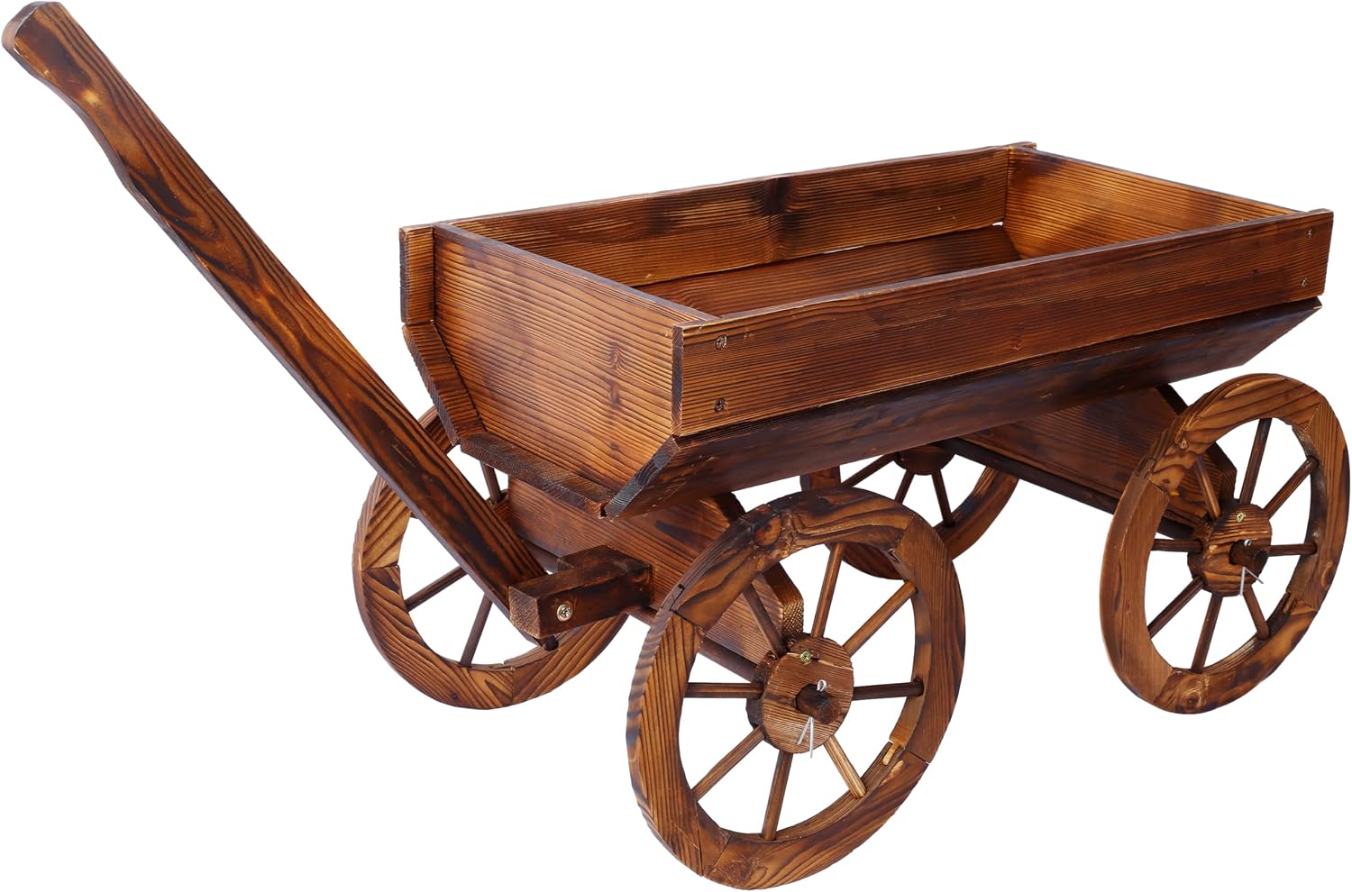 24" Tall Rustic Wooden Wagon Flower Planter Pot with 4 Wheels, Outdoor Garden Decor - Carbonized Fir Wood Yard Decoration - Decorative Plant Stand with Drainage Hole for Patio
