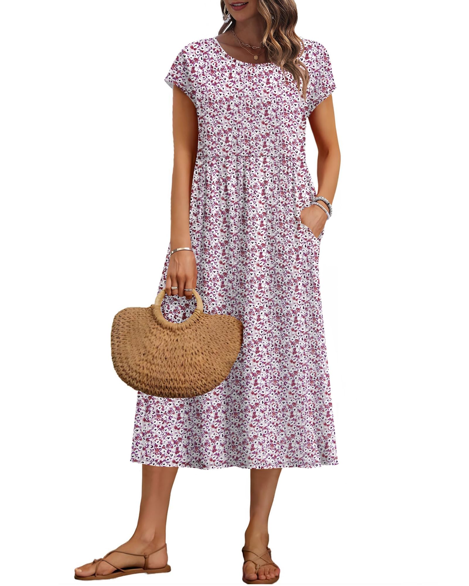 AUSELILY Women's Summer Short Sleeve Knee Length Dresses Basic Shift Midi Floral Dress with Pockets, Cameo BN Garden S