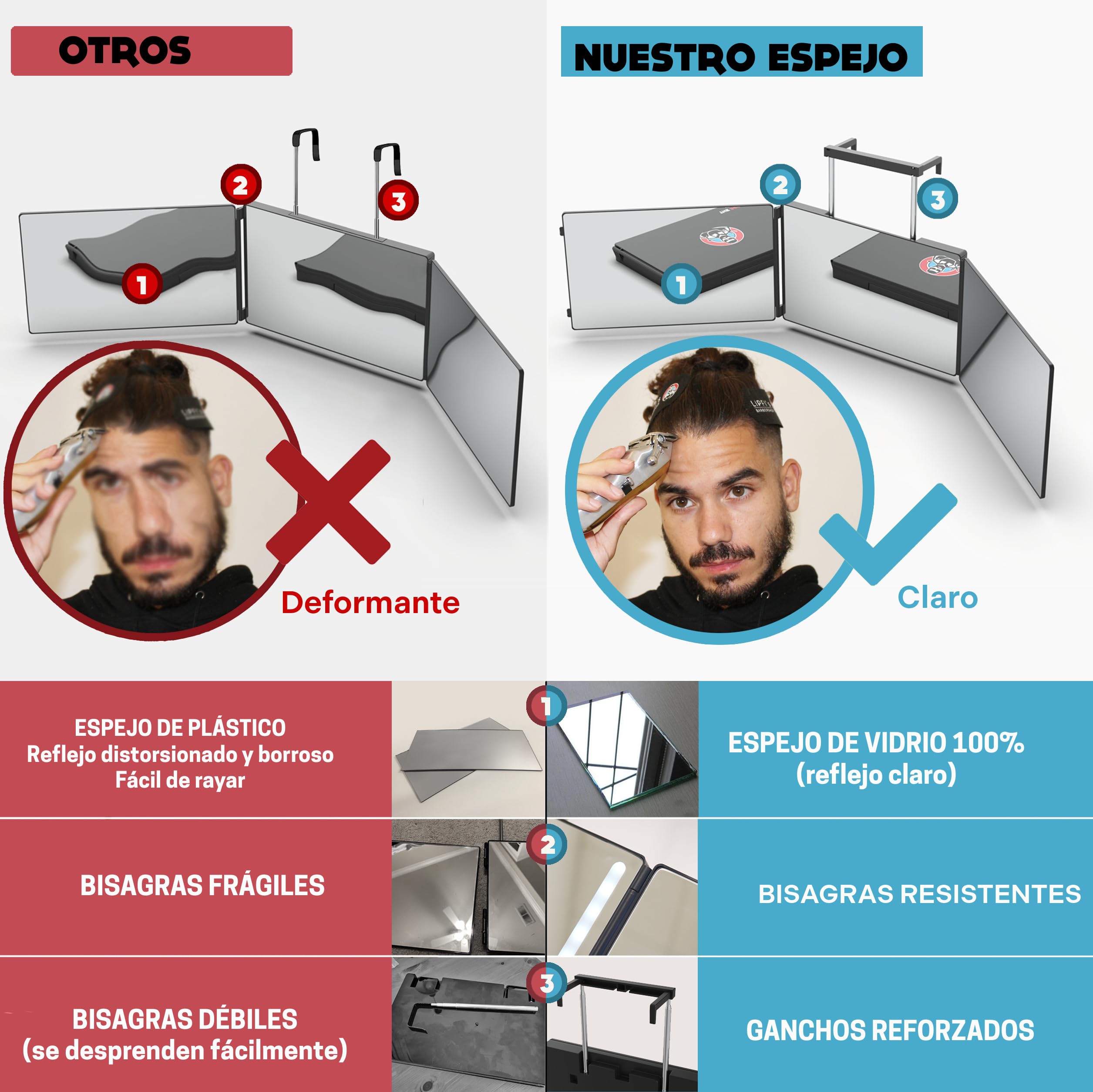Espejo de 360 grados con Ganchos Telescópicos Ajustables para Cortes de Cabello para Hombres