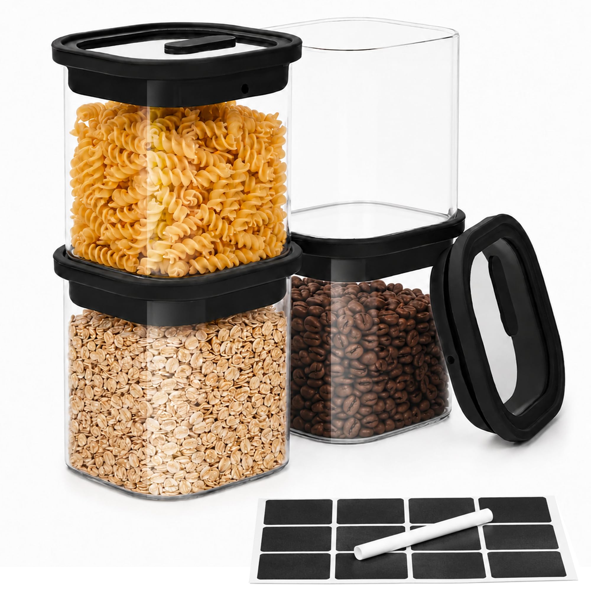 Set di 4 Barattoli di Vetro Ermetici con Coperchio 600ML, Contenitori Vetro con Coperchi Guarnizioni in Silicone, Barattoli con Etichette e Penna per Farina, Caffè, Zucchero, Riso