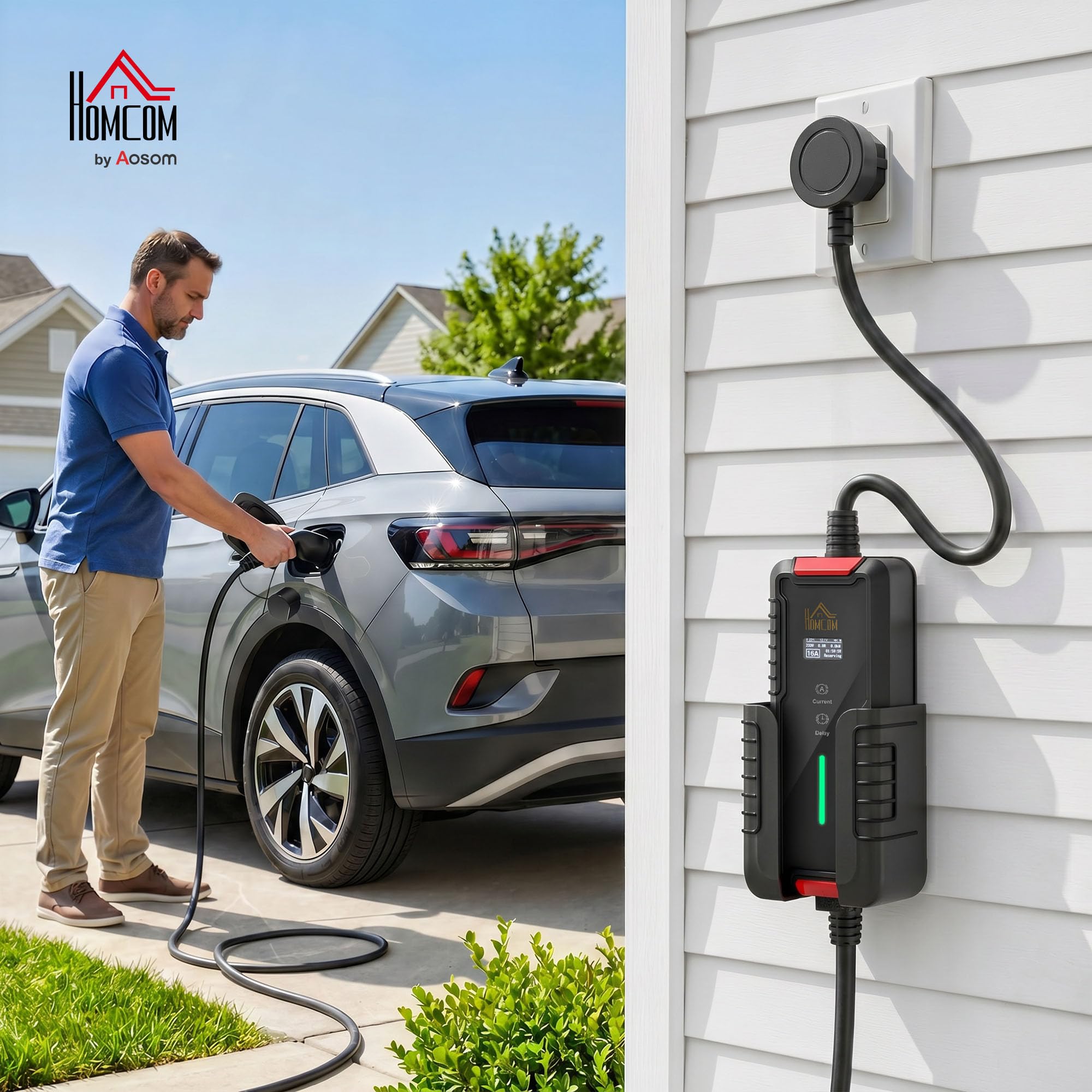 HOMCOM Ładowarka samochodowa typu 2 3,5kW [5m, 6/8/10/13/16A] - przenośny kabel ładujący z cyfrowym wyświetlaczem LCD i bezpiecznym samowyzwalaczem - Mobilna stacja ścienna do VE PHEV Zoe Tesla e-208