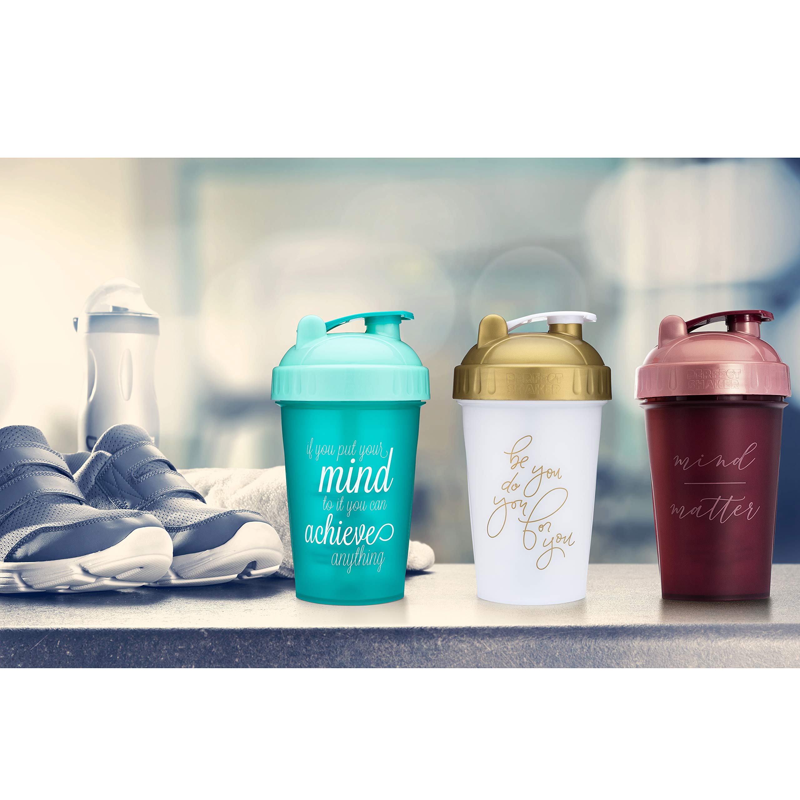 GOMOYO 590 ml Shaker-Flasche mit Action-Ruten-Mixer | Shakerbecher mit motivierenden Zitaten | Protein-Shaker-Flasche ist BPA-frei und spülmaschinenfest | Dreierpack – Achieve, Be You, Mind Over