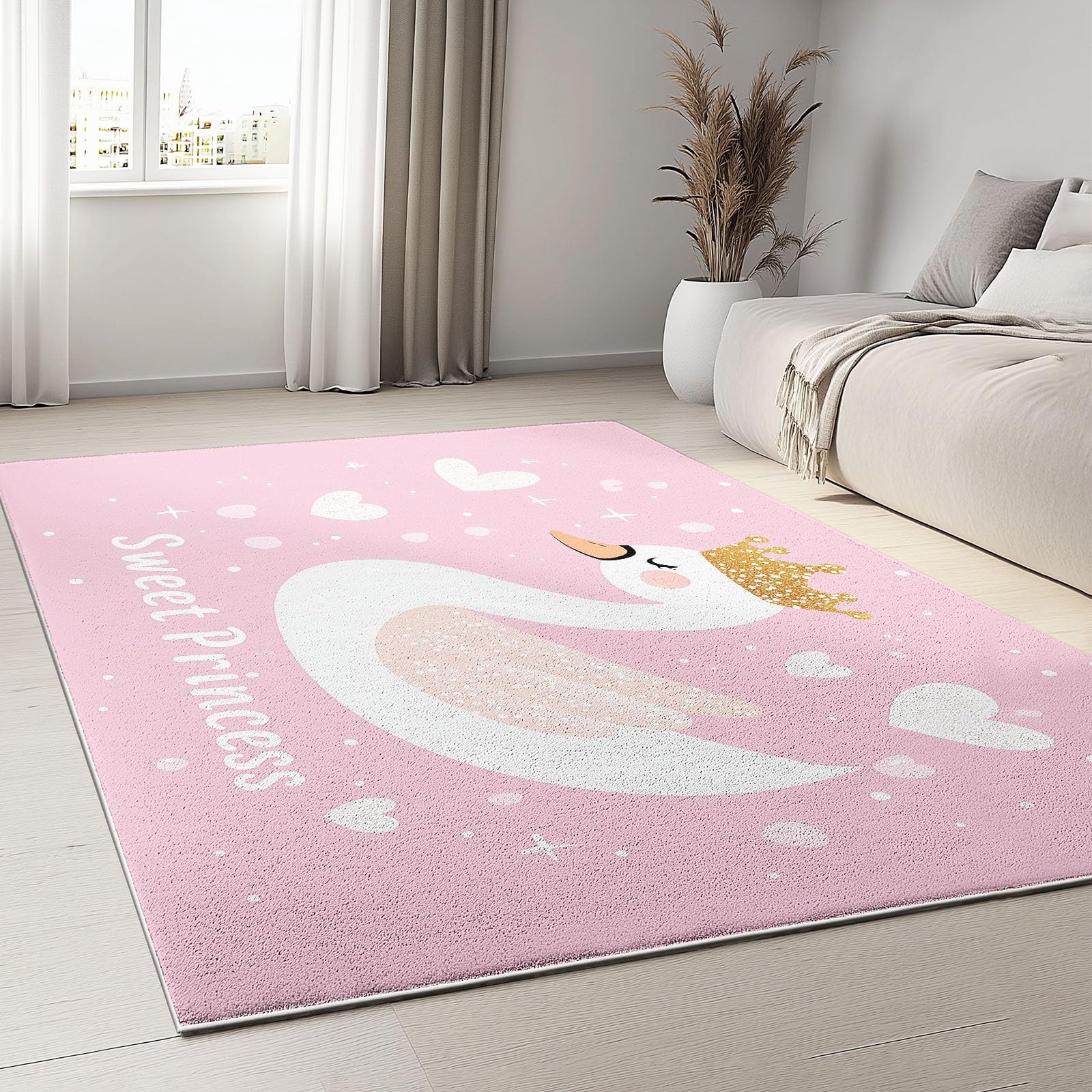 Tapis Salon Poil Court Lavable Antidérapant 60x110 cm Rose Blanc Motif Cygne Princesse