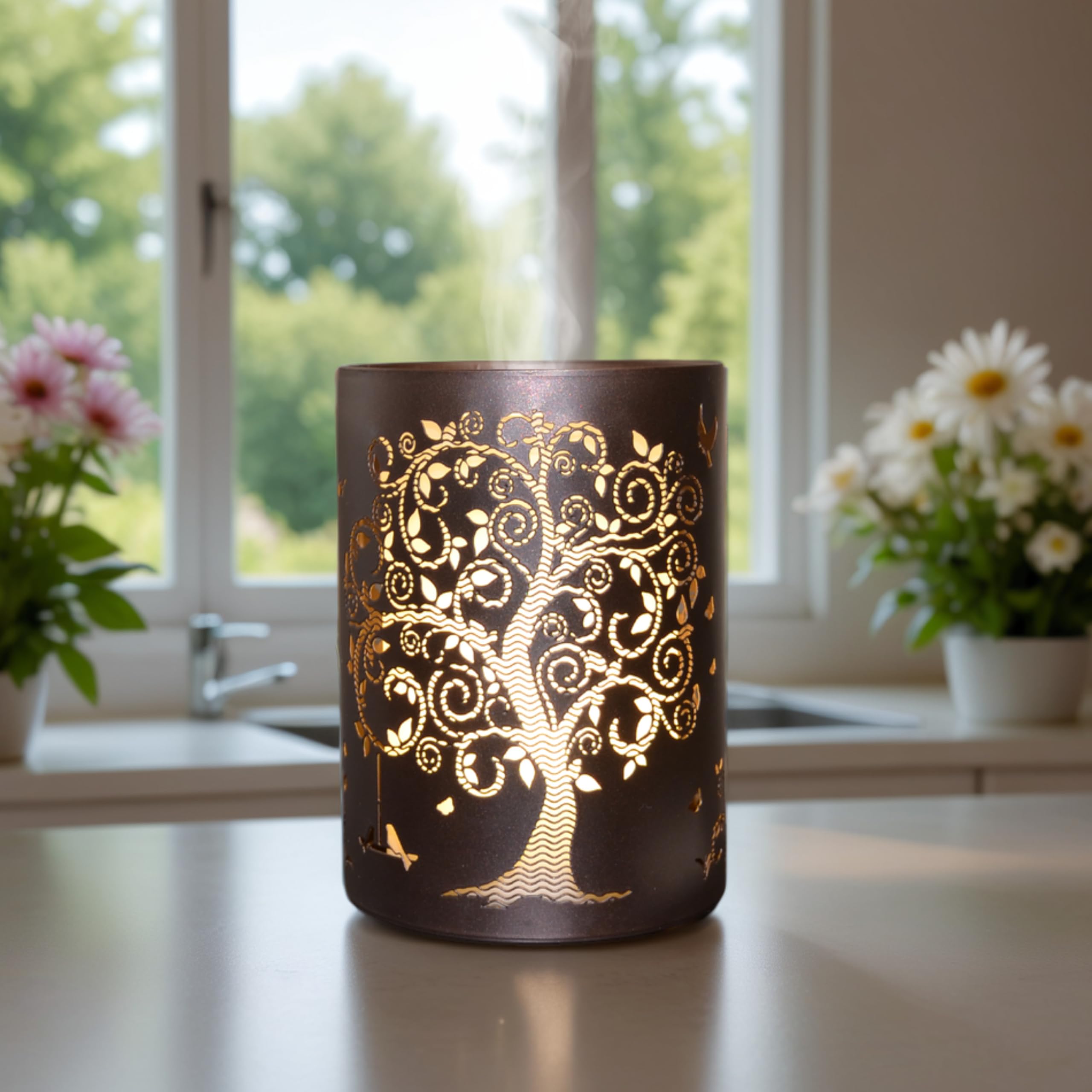 ZEN ARÔME Diffuseur d’Huile Essentielle Vita – Diffuseur Ultrasonique Aromathérapie à Froid - Diffuseur Électrique Parfum Maison avec Télécommande - Éclairage LED Effet Bougie – en Métal et Verre