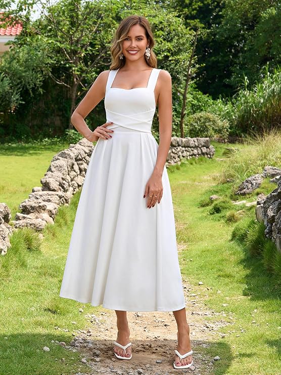 Women Wedding Guest Corset Midi Flowy A Line Dress for 2026
