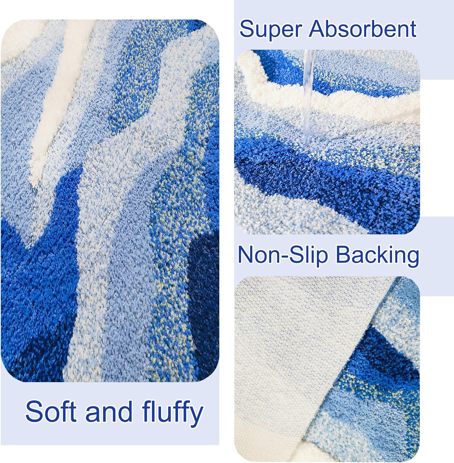 ABREEZE Blue Wave Shape Bedroom Rug,Tufted Ocean Waves Area Rug Cute Bath Mat Area Carpet Moss Rug Absorbent Machine Washable with Nonslip Backing 2.7'X5.2'