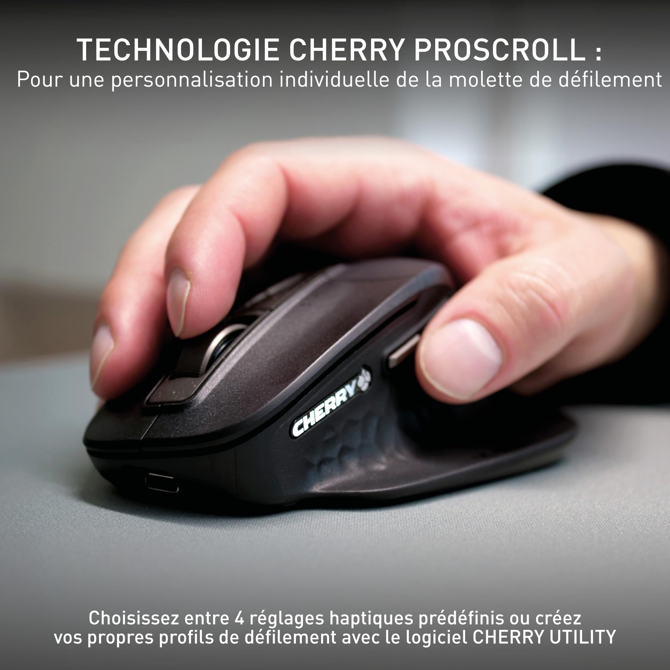 CHERRY Stream Mouse Ultimate, Souris Ergonomique Multi-Appareils, Bluetooth, 2,4 GHz et Filaire, Molette de Défilement Personnalisable, pour Droitiers, Noir