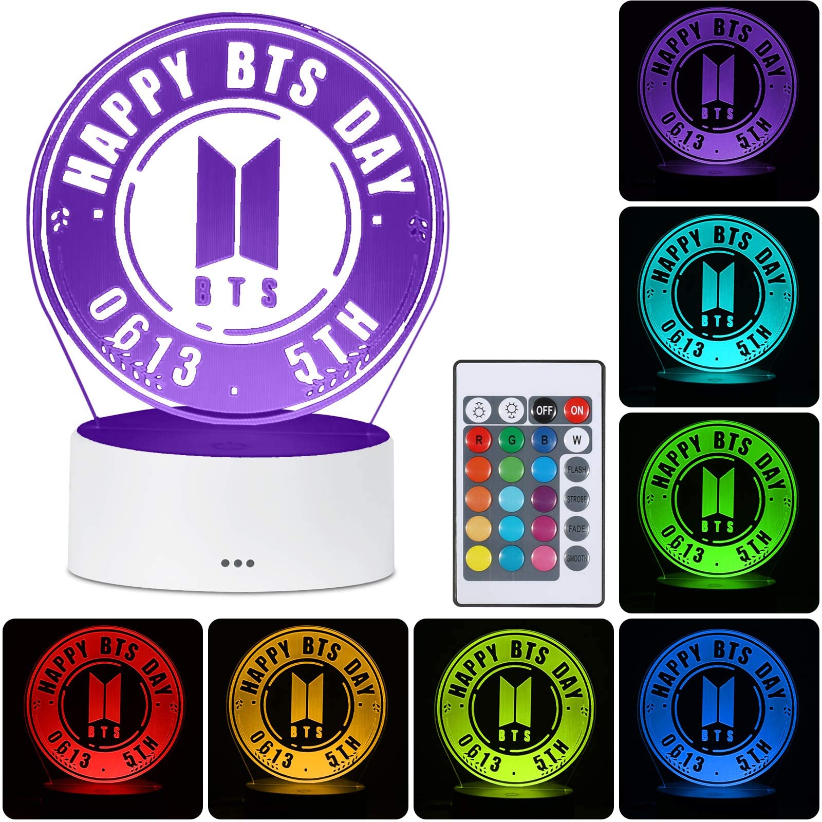 althiqahkey BTS 3D LED Night Light, 16 Colors Changing Lamp with Smart Touch Nightlight & Remote Control Lamp for Children Kids Christmas and Birthday Gifts (5th Anniversary)
