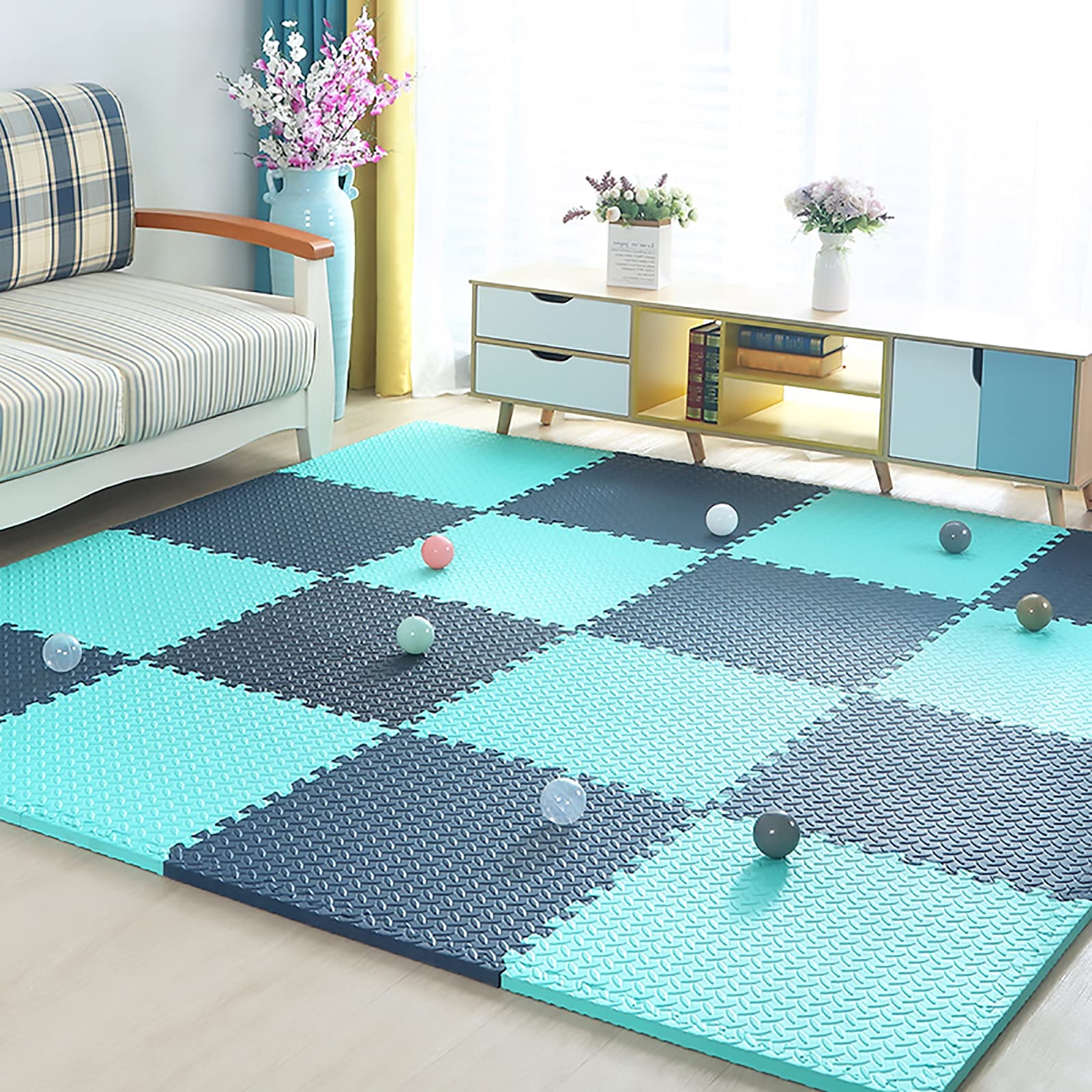 JLCP Baby Foam Play Puzzle Mats, Soft Floor Tiles Kids Foam Play Mats, Interlocking Mat 60X60x2cm Non-Slip Waterproof Crawling Mat Kids Rug Activitys Games Toys,Green+Blue,9pcs