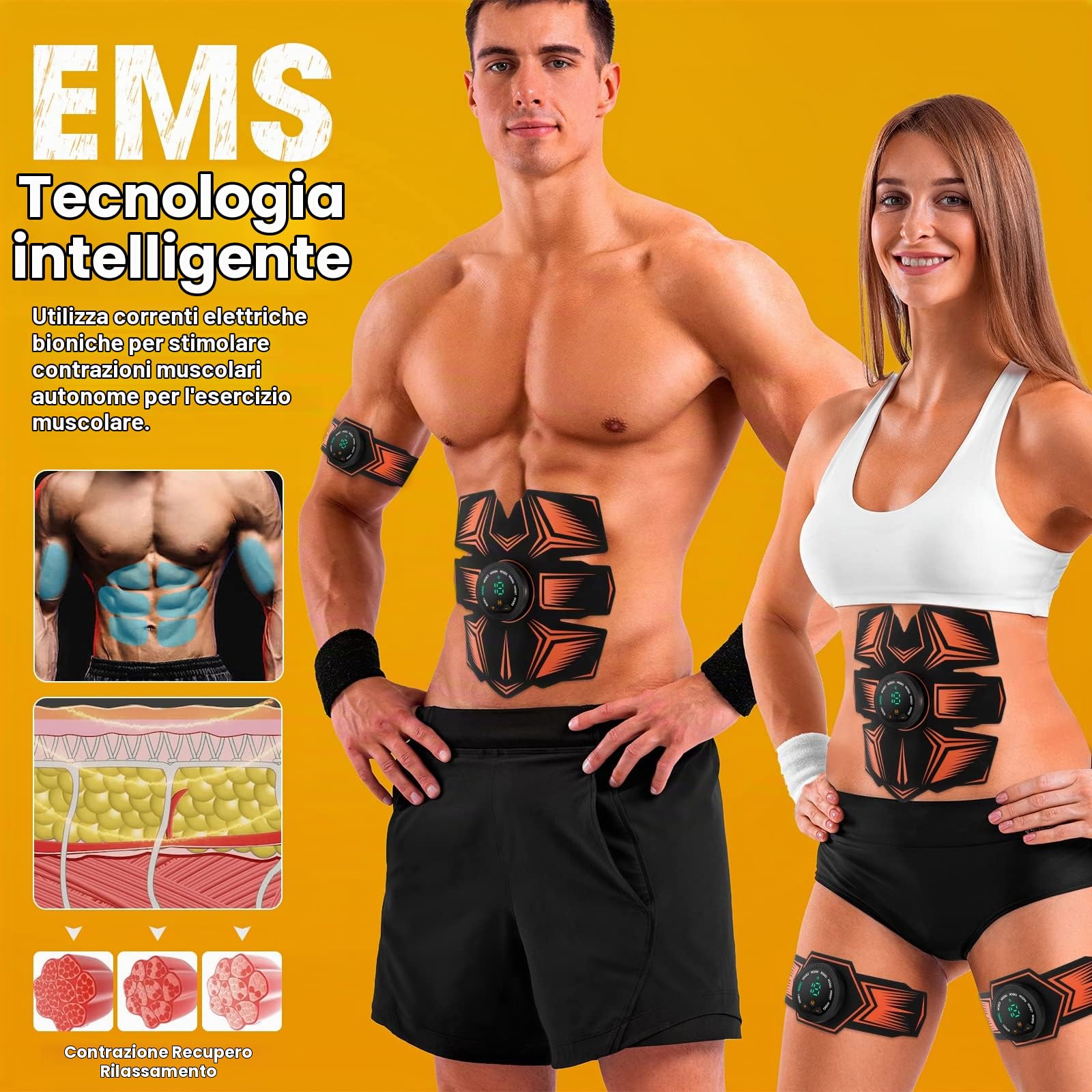 Elettrostimolatore per Addominali, Elettrostimolatore Muscolare， Cintura Addominale Elettrostimolatore, USB Ricaricabile EMS Trainer per Uomini Donne Addome/ Braccia/ Gambe, 8 modalità e 19 intensità