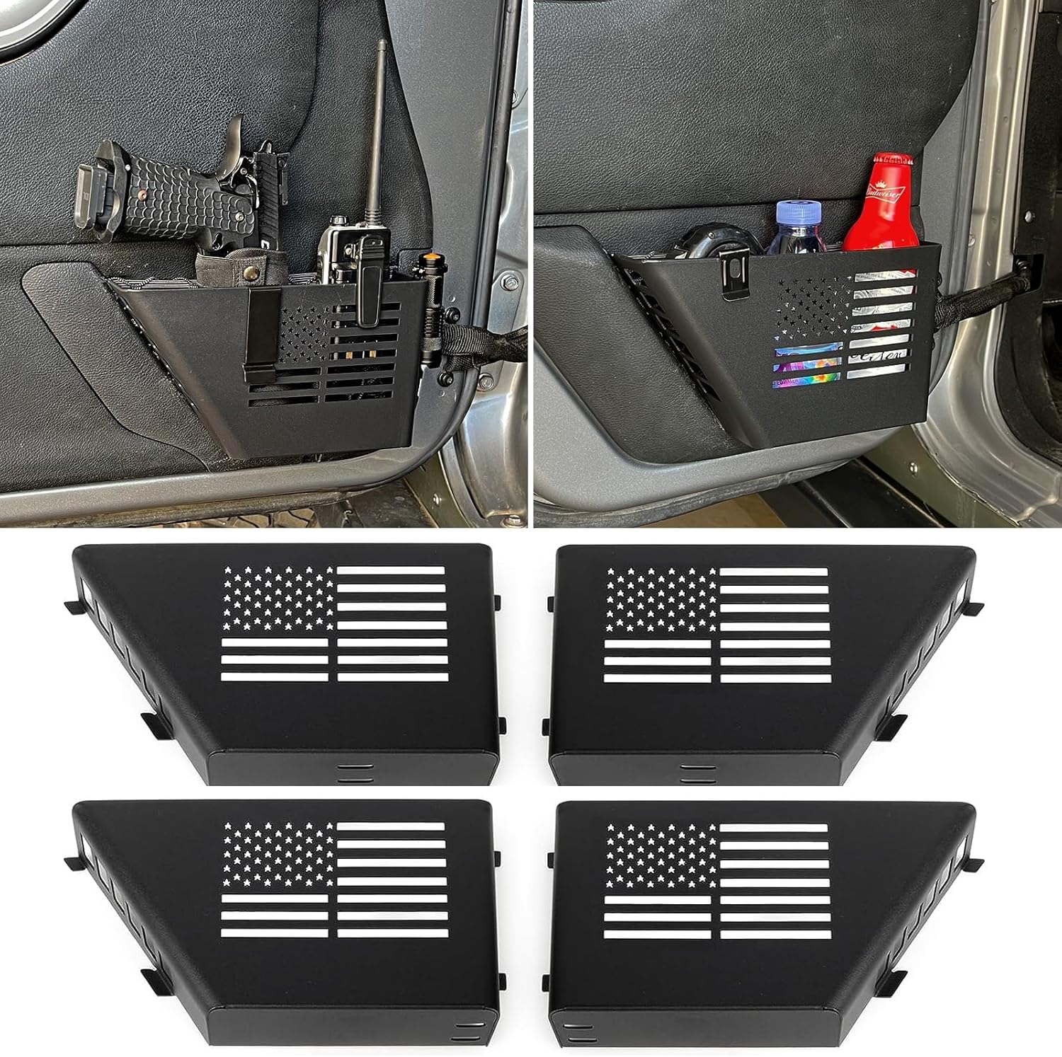 Z8 4 Pack Metal Front and Rear Door Storage Box with USA Flag Style, Door Side Insert Organizer Box Pockets Compatible with 2011+ Jeep Wrangler JK JKU 4 Door,Interior Storage Expansion Accessories