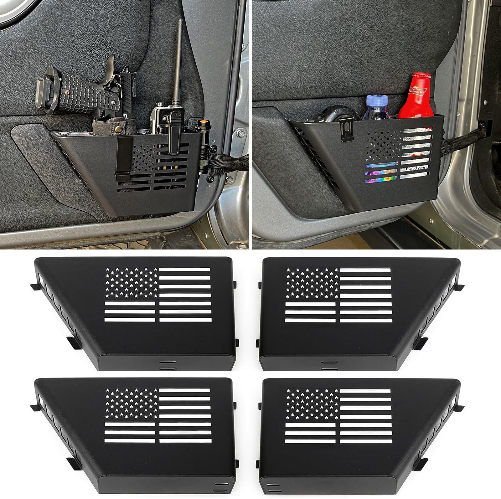 4 Pack Metal Front and Rear Door Storage Box with USA Flag Style, Door Side Insert Organizer Box Pockets Compatible with 2007-2018 Jeep Wrangler JK JKU 4 Door , Interior Storage Expansion Accessories