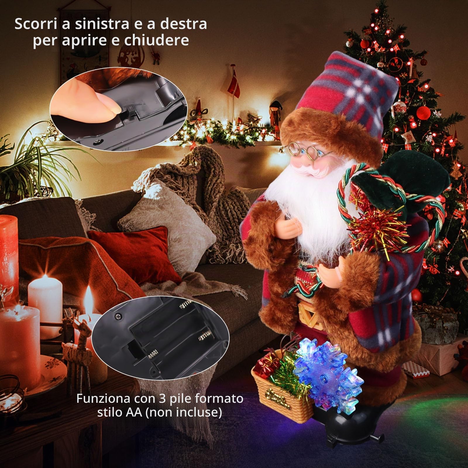 Suewidfay Figura di Babbo Natale Cantante e Danzante in Piedi, 35 CM /14 pollici bambola di Babbo Natale in movimento Padre Natale con musica e luci ornamenti natalizi decorazioni natalizie