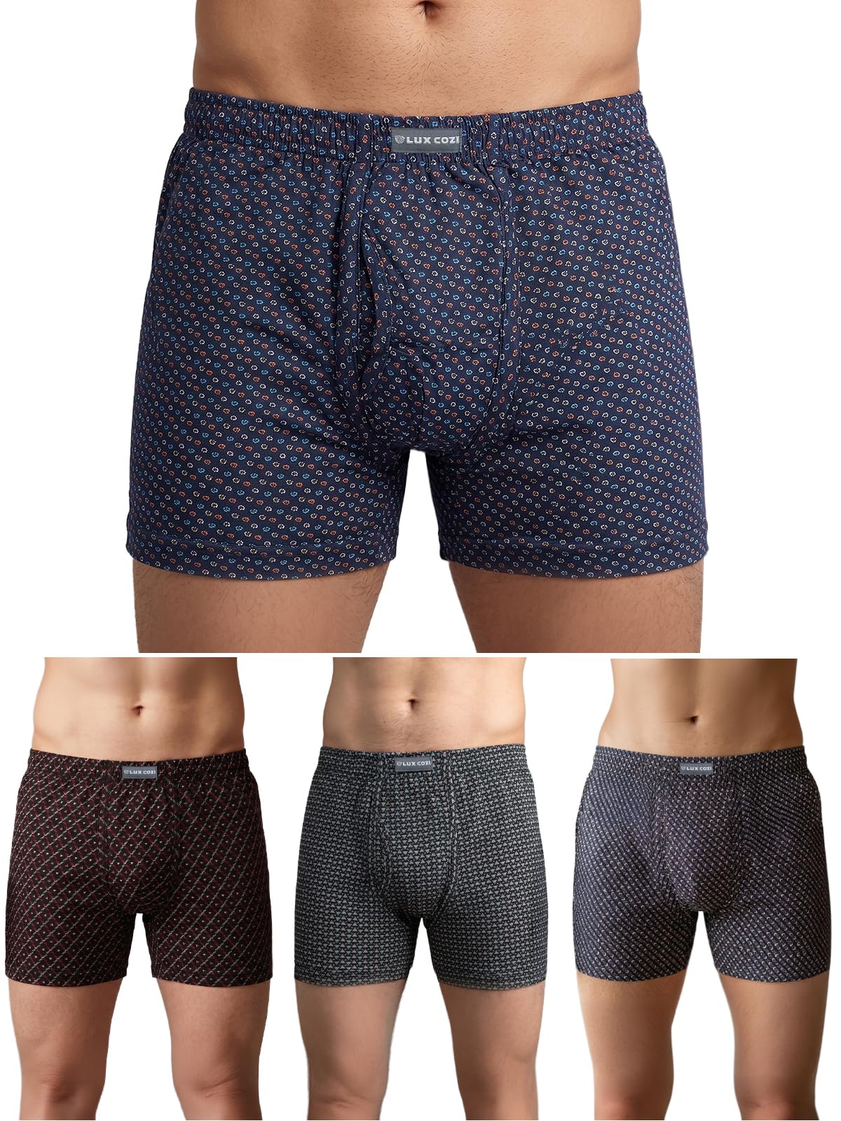 lux cozi Men's 100% Cotton Printed Inner Elastic Long Trunk | Printed Long Trunk for Men | Color and Print May Vary | Long Trunk for Men Pack of 4-picture-34