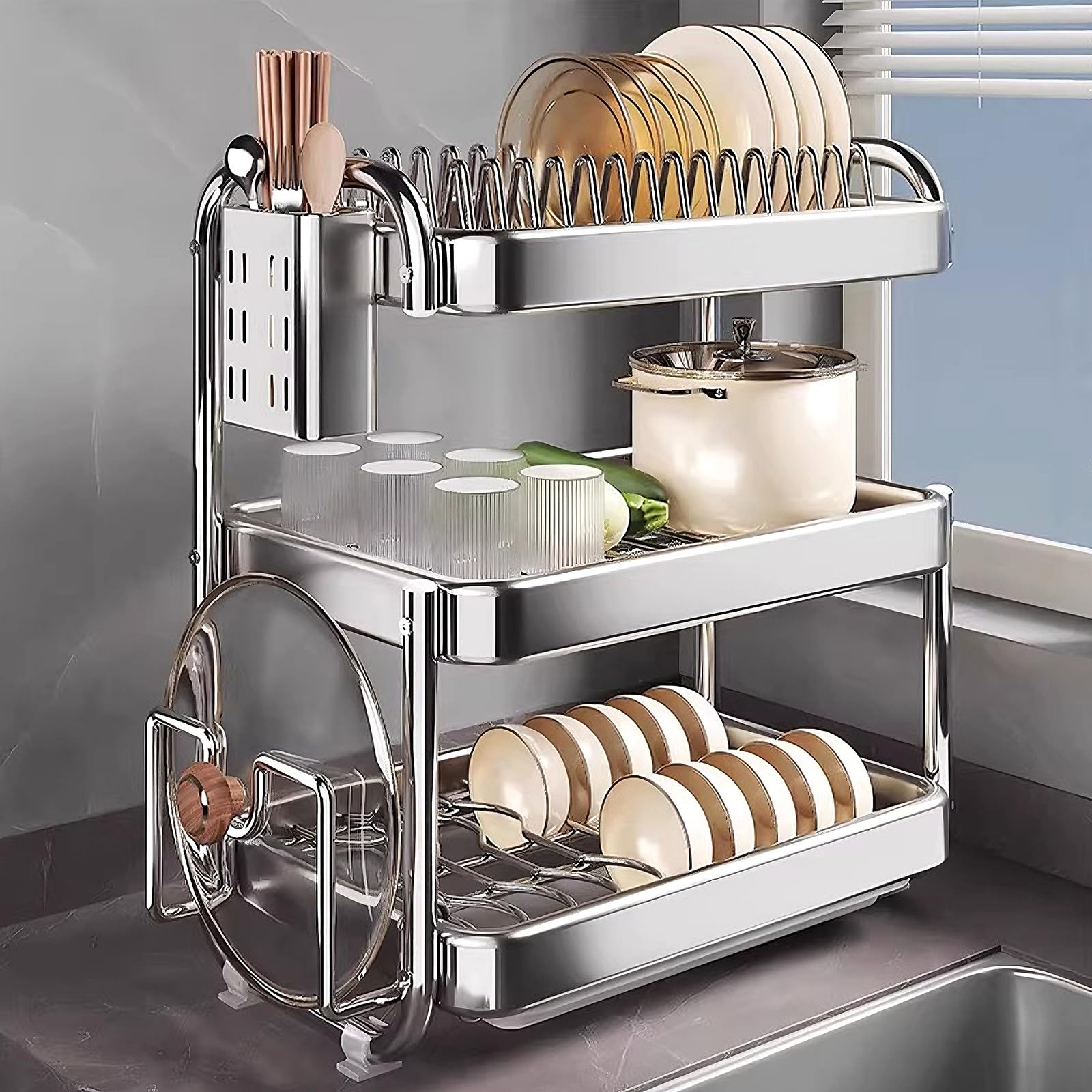 Stainless Steel Kitchen Sink Organizer with Chopstick Holder Dish Drying Rack for Kitchen Counter with Cutting Board Rack