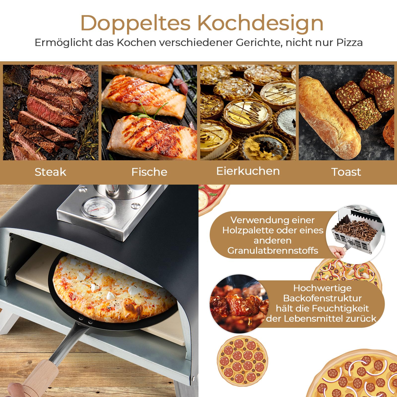 COSTWAY Pizzaofen Outdoor, tragbarer Pizza Holzofen inkl. Pizzaschieber und Pizzastein, Gas & Holz Pizza Ofen für Garten Camping