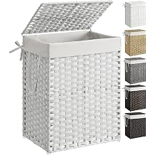 SONGMICS Laundry Hamper with Lid, 23.8 Gallon 90 L Synthetic Rattan Clothes Laundry Basket with Lid and Handles, Foldable, Removable Liner, Cloud White ULCB51WT