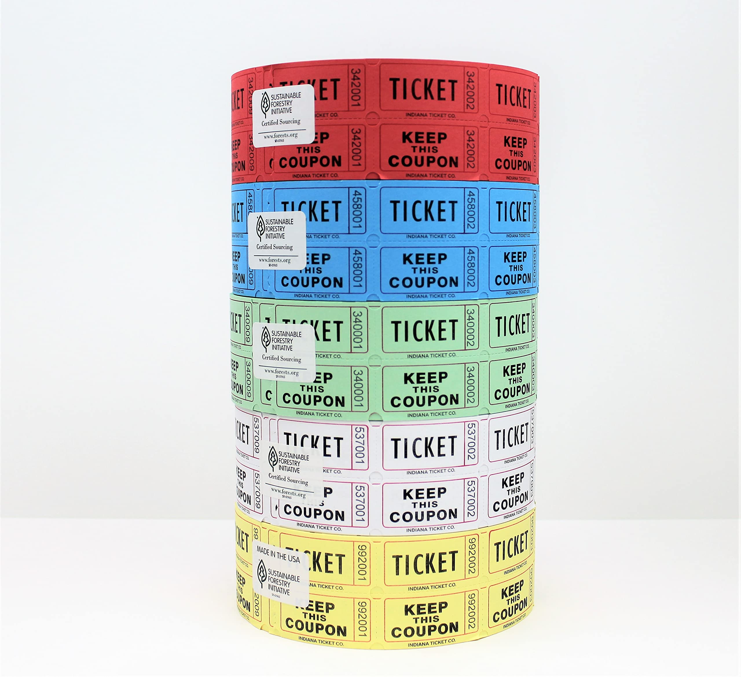 INDIANA TICKET CO. Raffle Tickets Double Roll, 5 Rolls 2,000 Tickets, 1 Roll Each Red, Blue, Green, White & Yellow, Premium Quality 50/50, Events Tickets (Pack of 5)