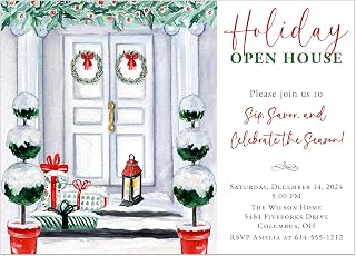 Holiday Open House Invitation – Sip, Savor, and Celebrate Theme – Festive Door Design with Wreaths, Gifts, and Lantern – Christmas Party Invite