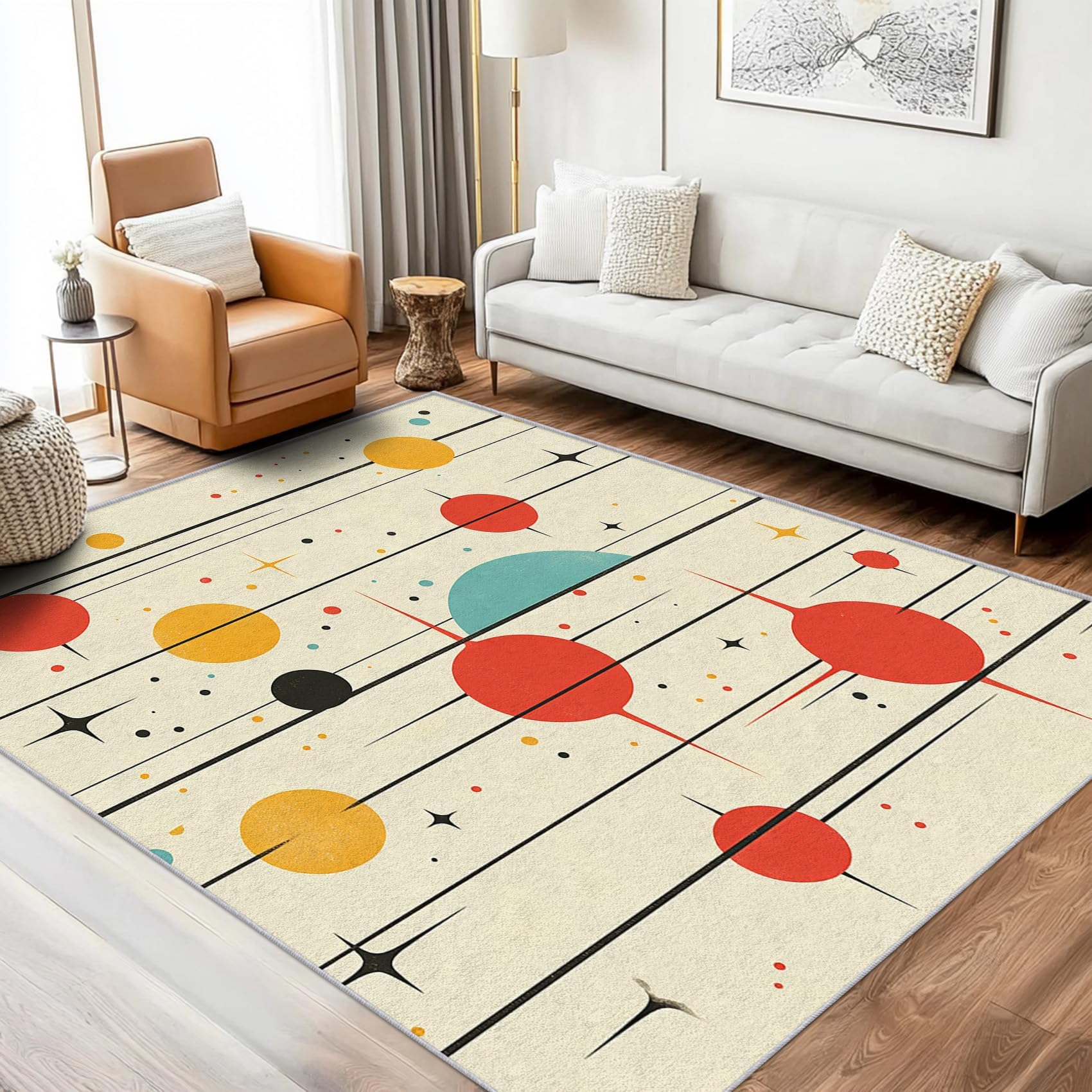 Tapis rétro à pois années 50 lavable moderne géométrique pour salon