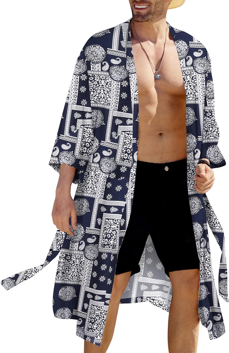 COOFANDY Men's Lightweight Kimono Robe Japanese Bathrobes Open Front Long Cardigan Cloak with Belt