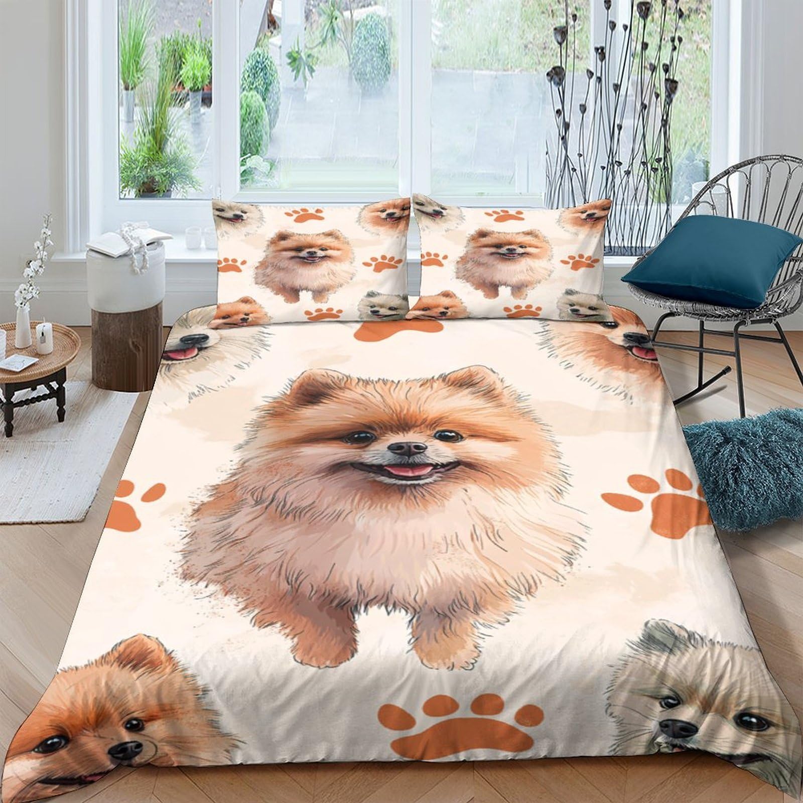 P5V6M1Q9 3D Printed Pomeranian Dog Duvet Cover Microfiber Soft Breathable Paw Pattern Bedding Set with 2 Pillowcases for Bedroom Decor Single（135x200cm）