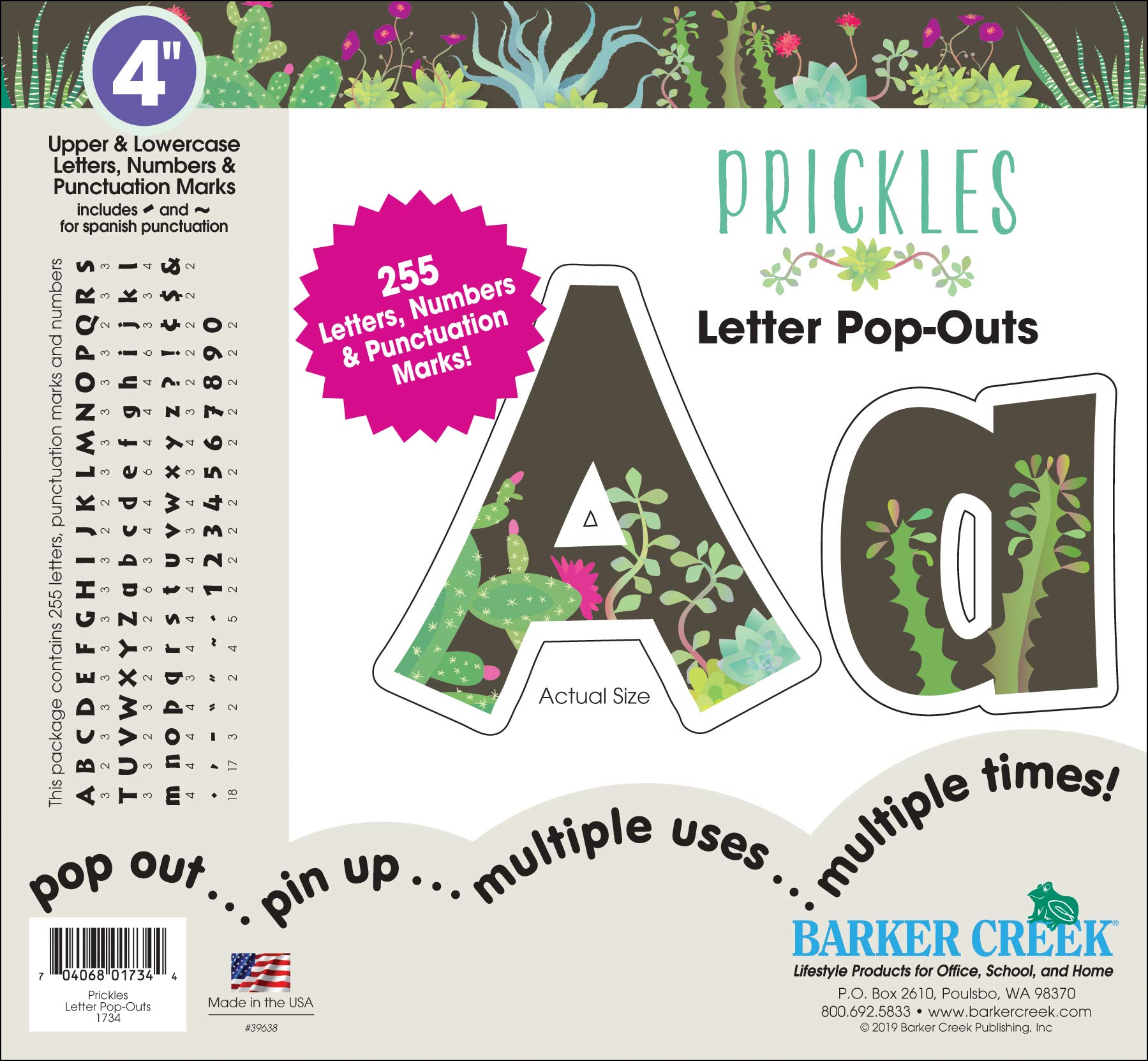 Barker Creek Letter Pop-Outs, 4" Prickles, Multicolor Designer Letters for Bulletin Boards, Breakrooms, Reception Areas, Signs, Displays, And More! 4", 255 Characters per Set (1734)