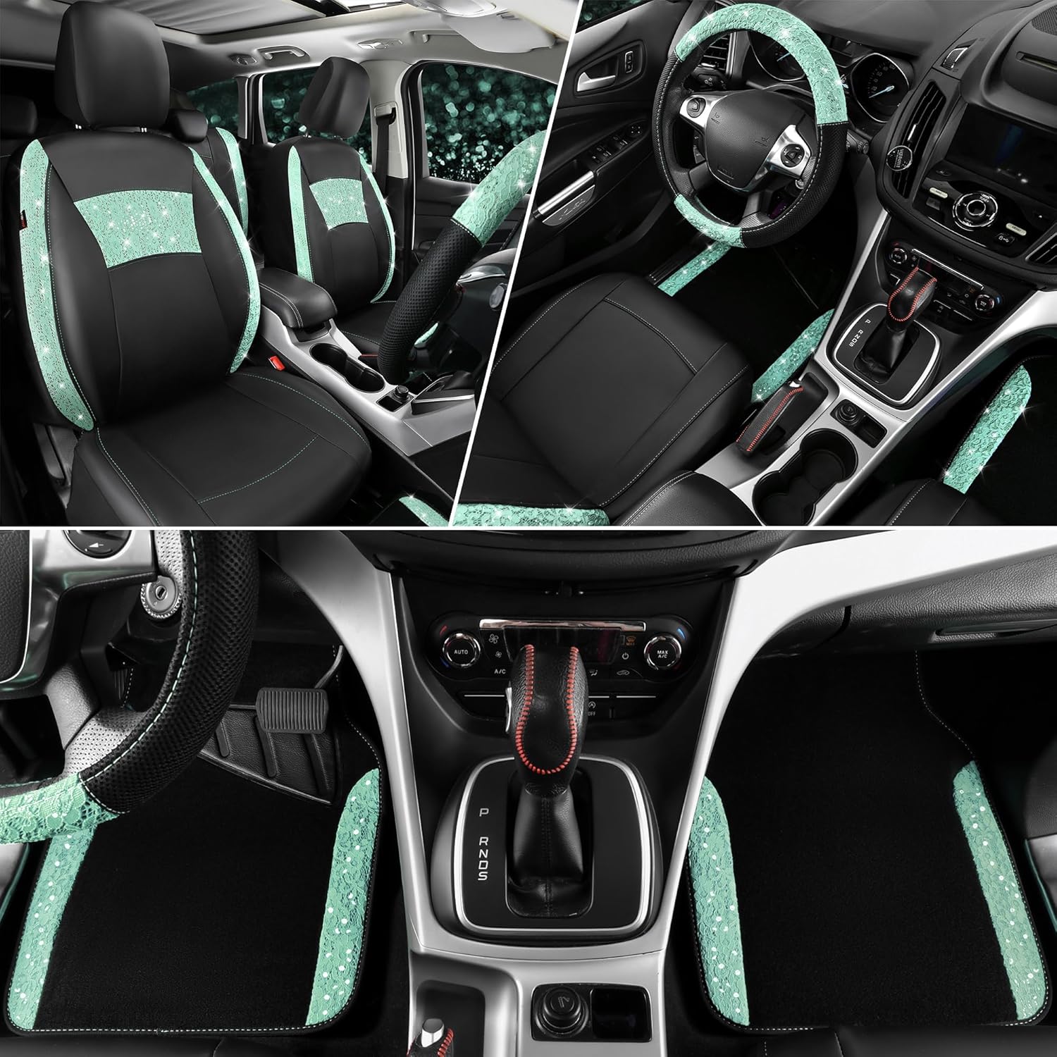 CAR PASS Universal Mint Leather Lace Car Seat Covers Full Set for Women Girls, Waterproof Car Floor Mats Carpet, Glitter Steering Wheel Cover for Car Accessories Interior Sets,10PCS Included - Image 2