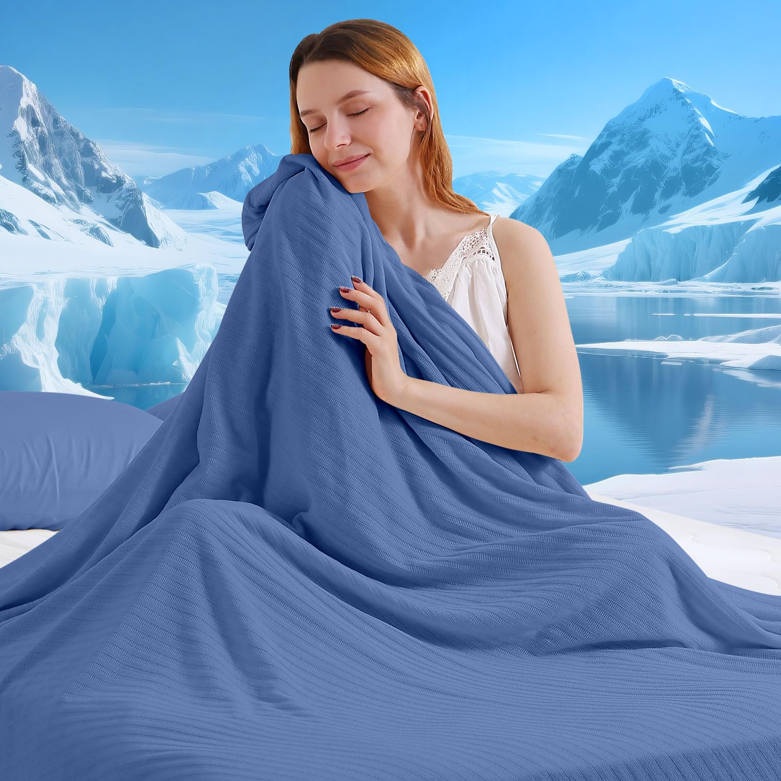 Marchpower Chenille Kühldecke 130 x 170cm, 2in1 doppelseitige Sommerdecke, Q-Max>0,5 mit Arc-Chill 3.0 Kühlfasern, mit Sofortiger Kühleffekt, Atmungsaktiv & Leicht für Sofa, Bett und Reise-Blau