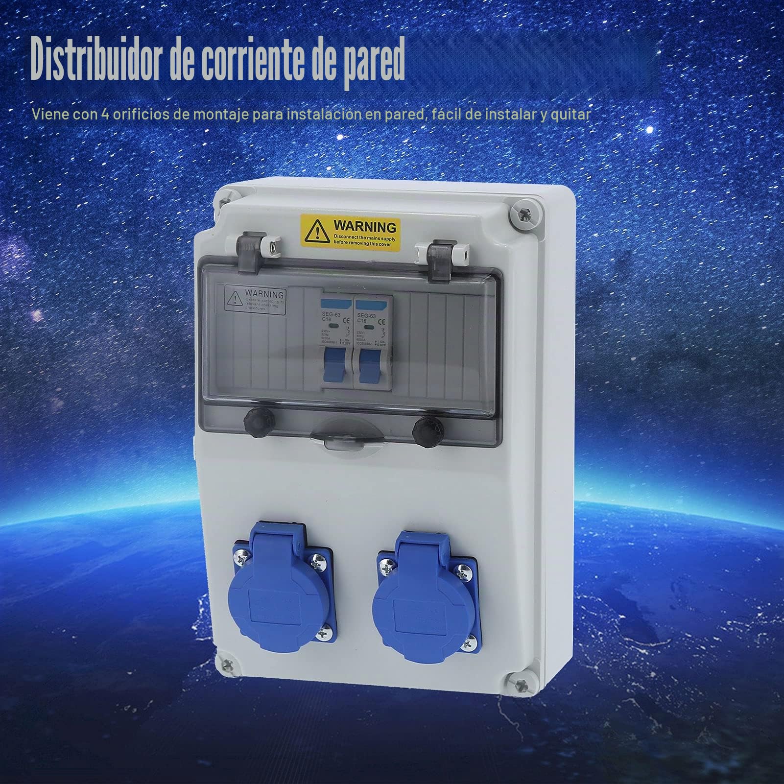 Distribuidor de Corriente de Pared de 2 Posiciones para Caja Eléctrica de Sitio de Construcción Al Aire Libre 16 A 220‑250 V, Carcasa de ABS, Protección IP65, Cubierta con