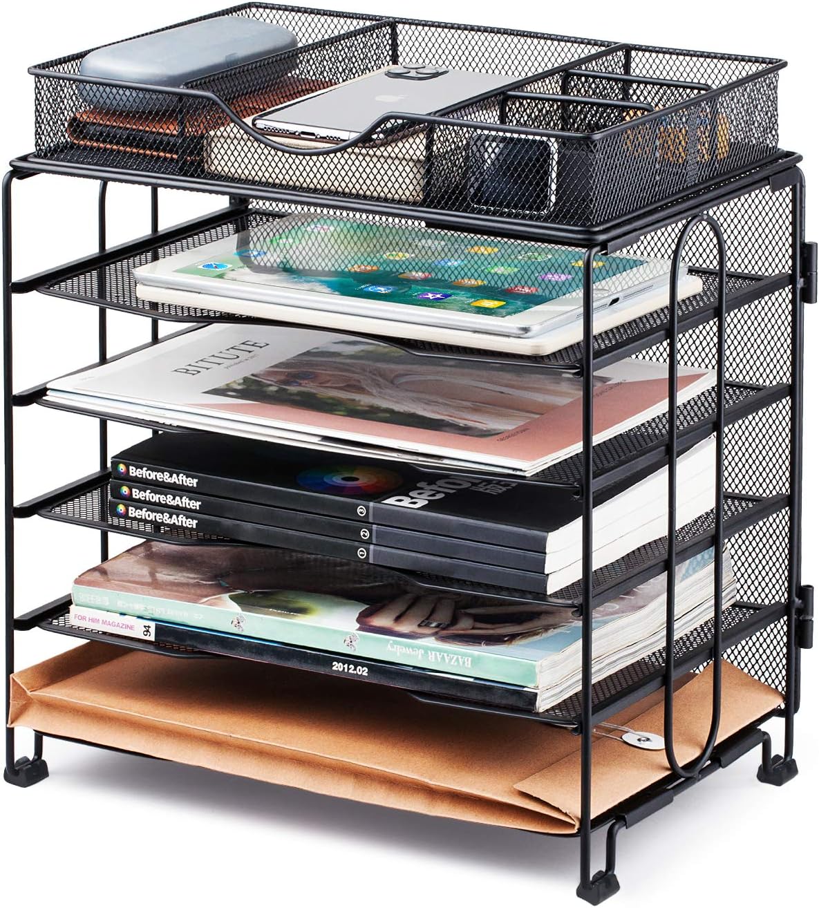 KEEGH Desk Paper Organizer File Tray, 5 Tier Desktop File Organizer Paper Storage Holder with Extra Drawer, Office Desk Organizers and Accessories for Letter/A4 | Screws Free Design