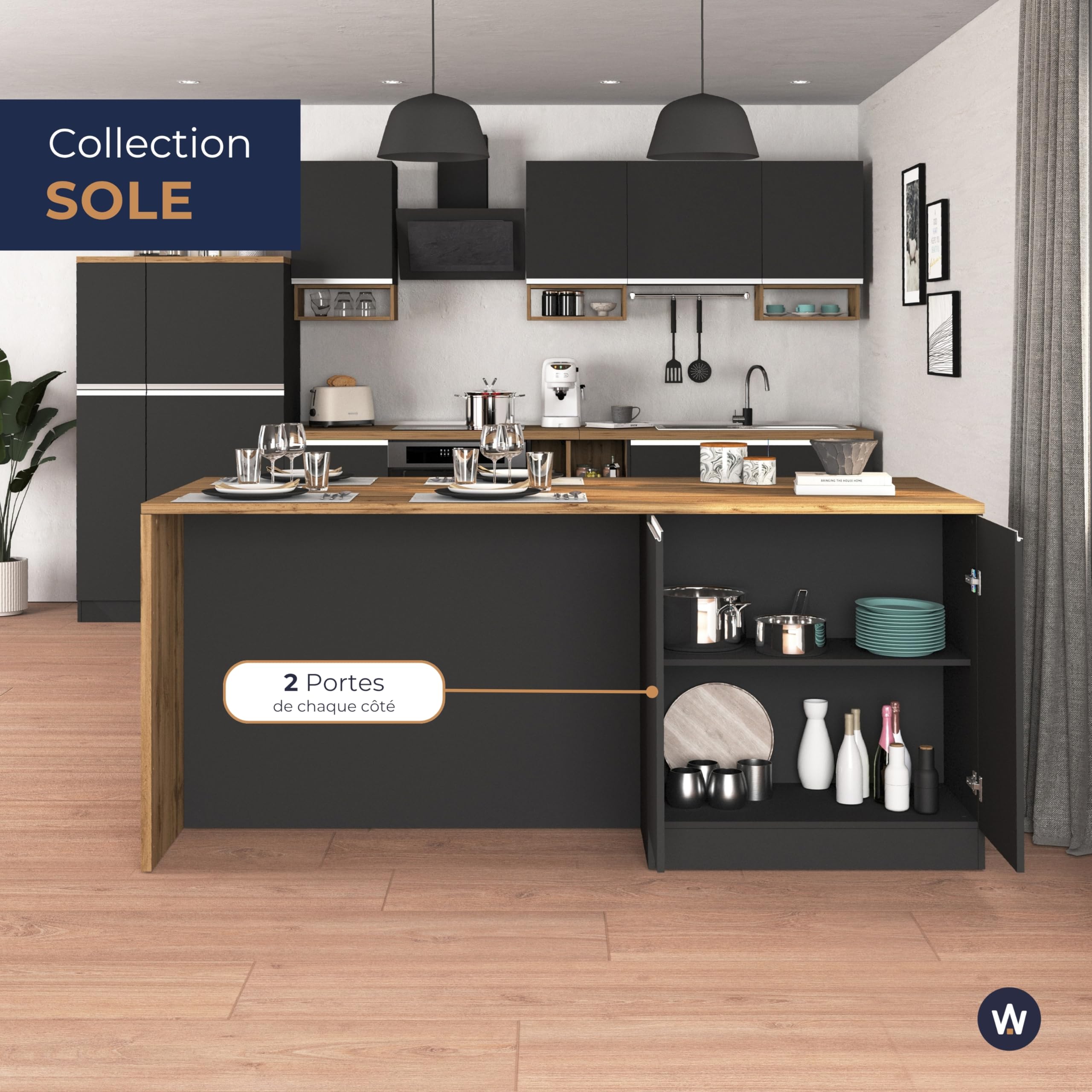 WHOUS Îlot de Cuisine Sole avec 4 Portes, Table à Manger et Plan de Travail, Idéal pour Les Cuisines Ouvertes ou Petits Espaces, Dimensions 200 x 90 x 90 cm, Bicolore Anthracite Opaque et Chêne