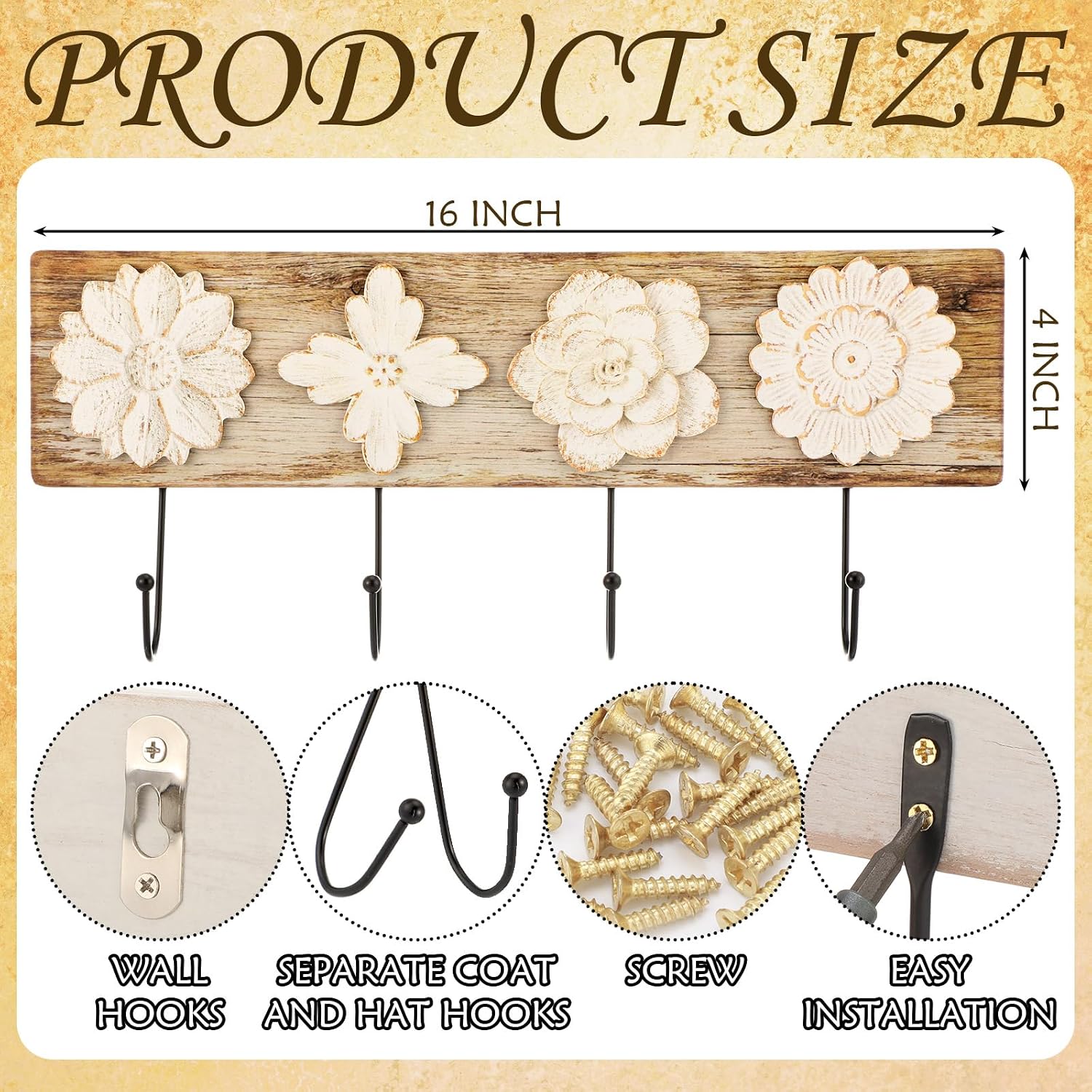 Wood Floral Coat Rack with 4 Hooks image 2